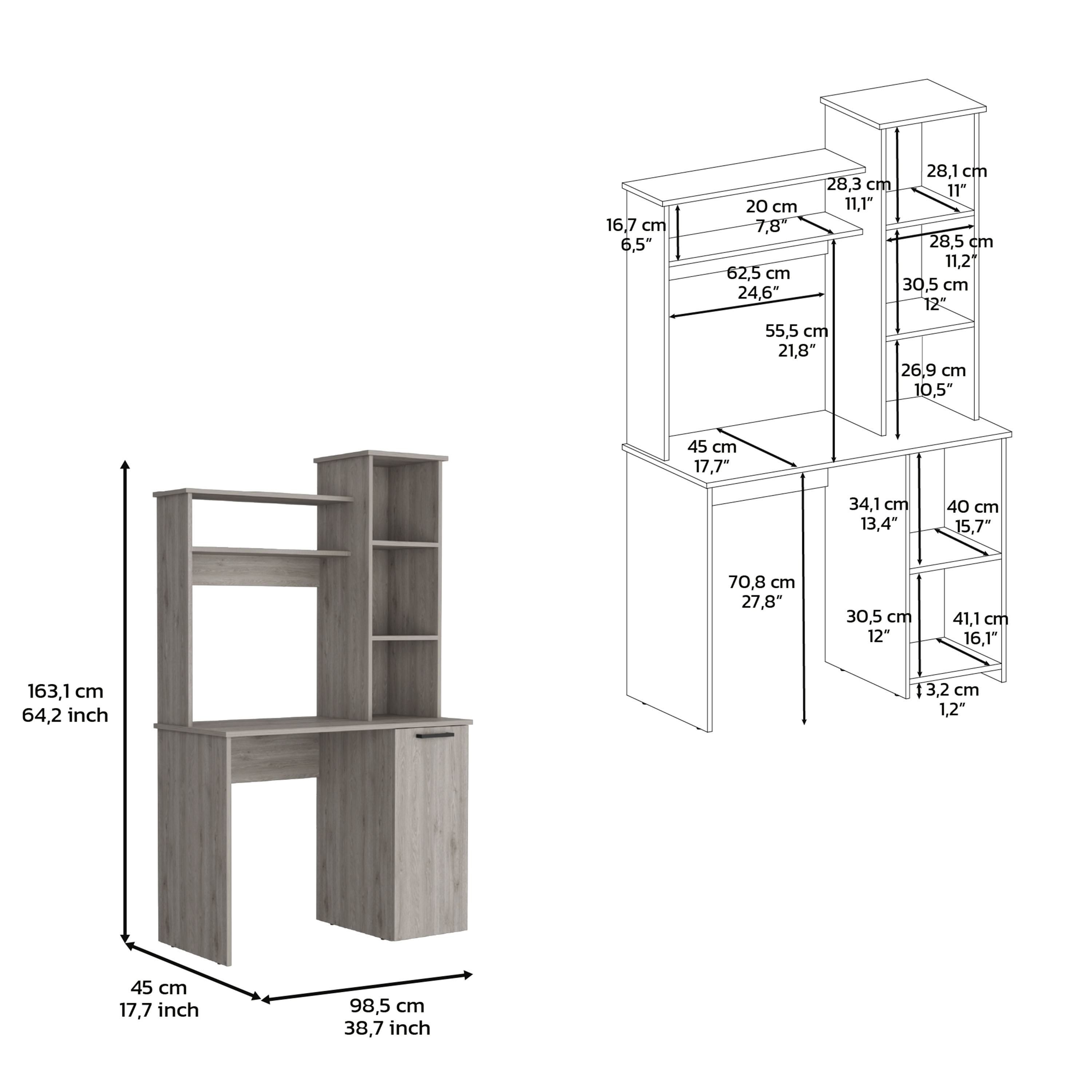 Muncy Computer Desk with Ample Work Surface, Hutch Storage and Single Door Cabinet with 3-Tier Shelves, Light Gray