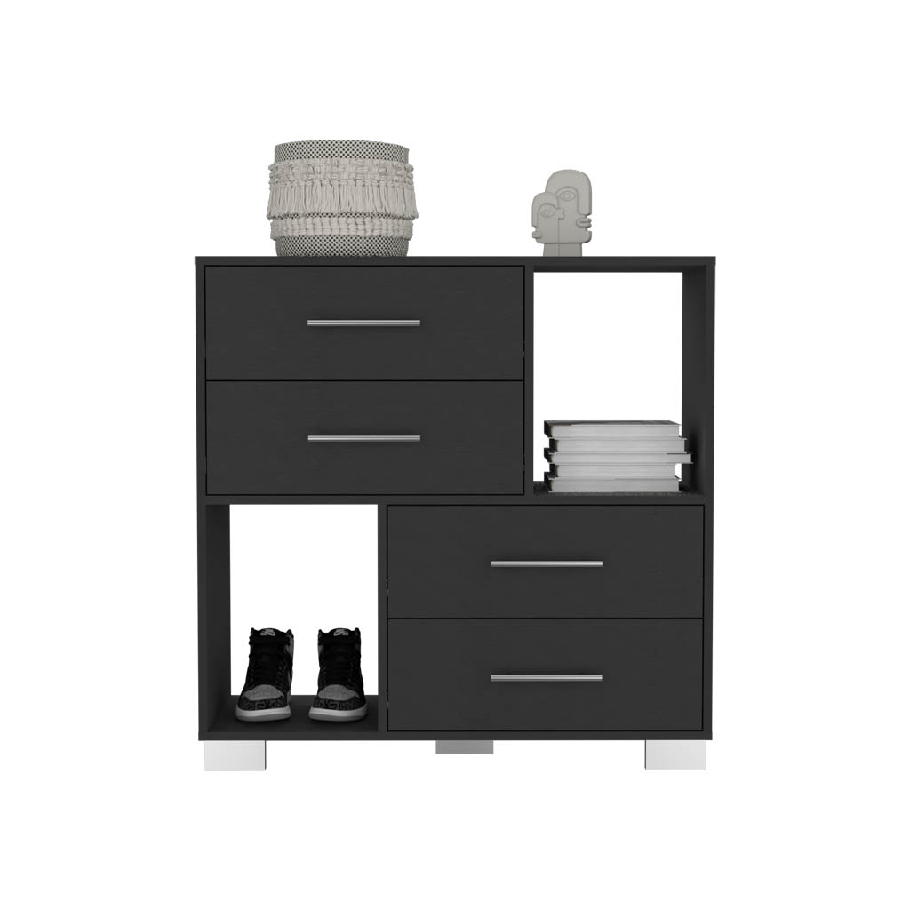 Dresser 35"H , Two Open Shelves, Four Drawers, Metal Handles, Black