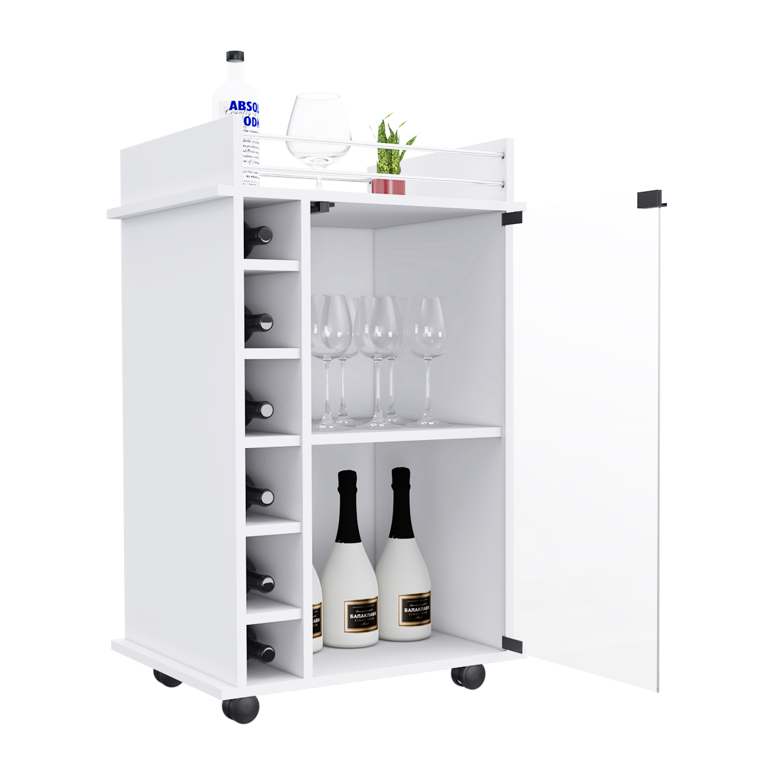 32" H white bar-coffee cart, Kitchen or living room cabinet storage with with 4 wheels, with 6 bottle racks, a central shelf covered by 1 glass door, 1 support surface with aluminum front.