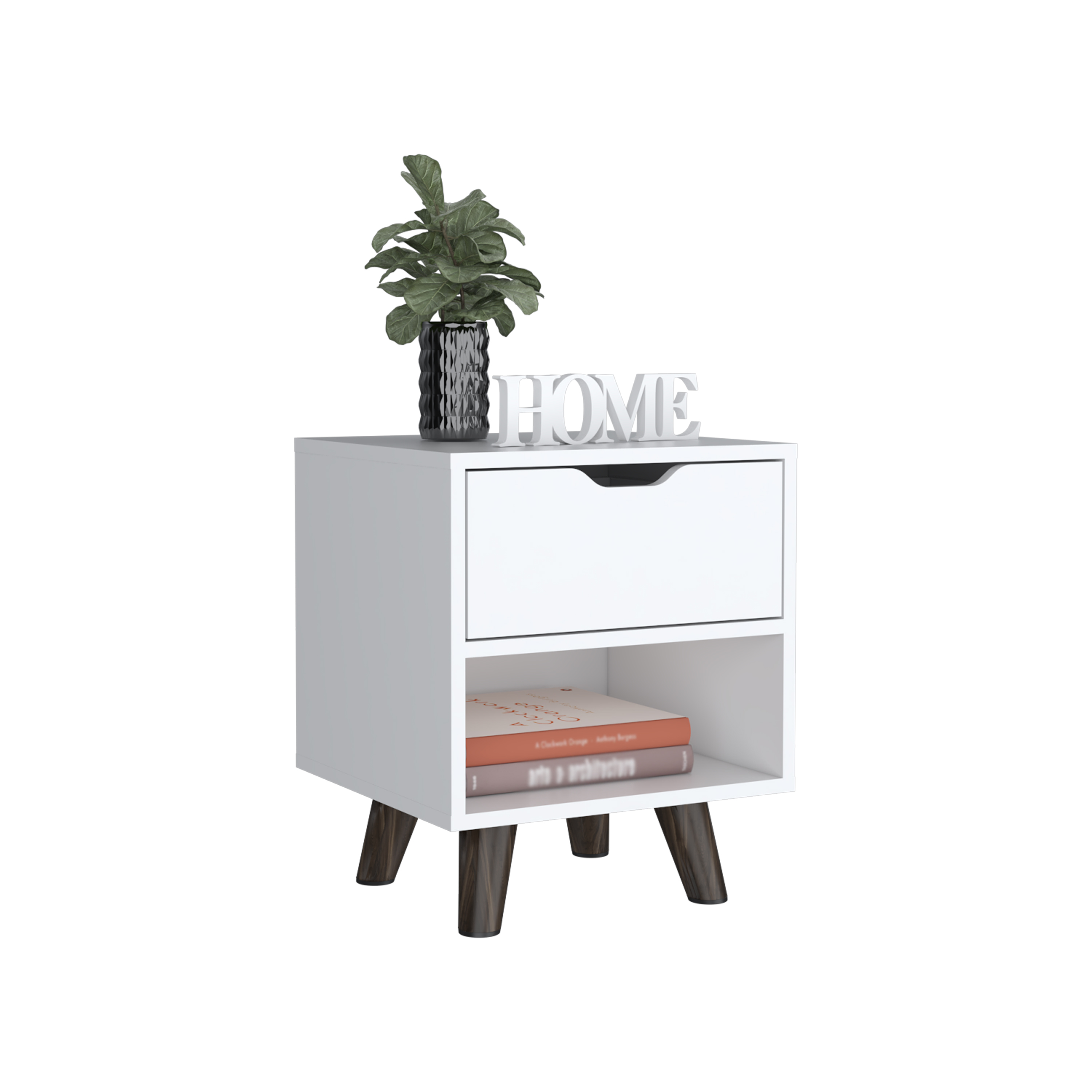 Modern Nightstand 19"H with Spacious Drawer, Open Storage Shelf and Chic Wooden Legs, White