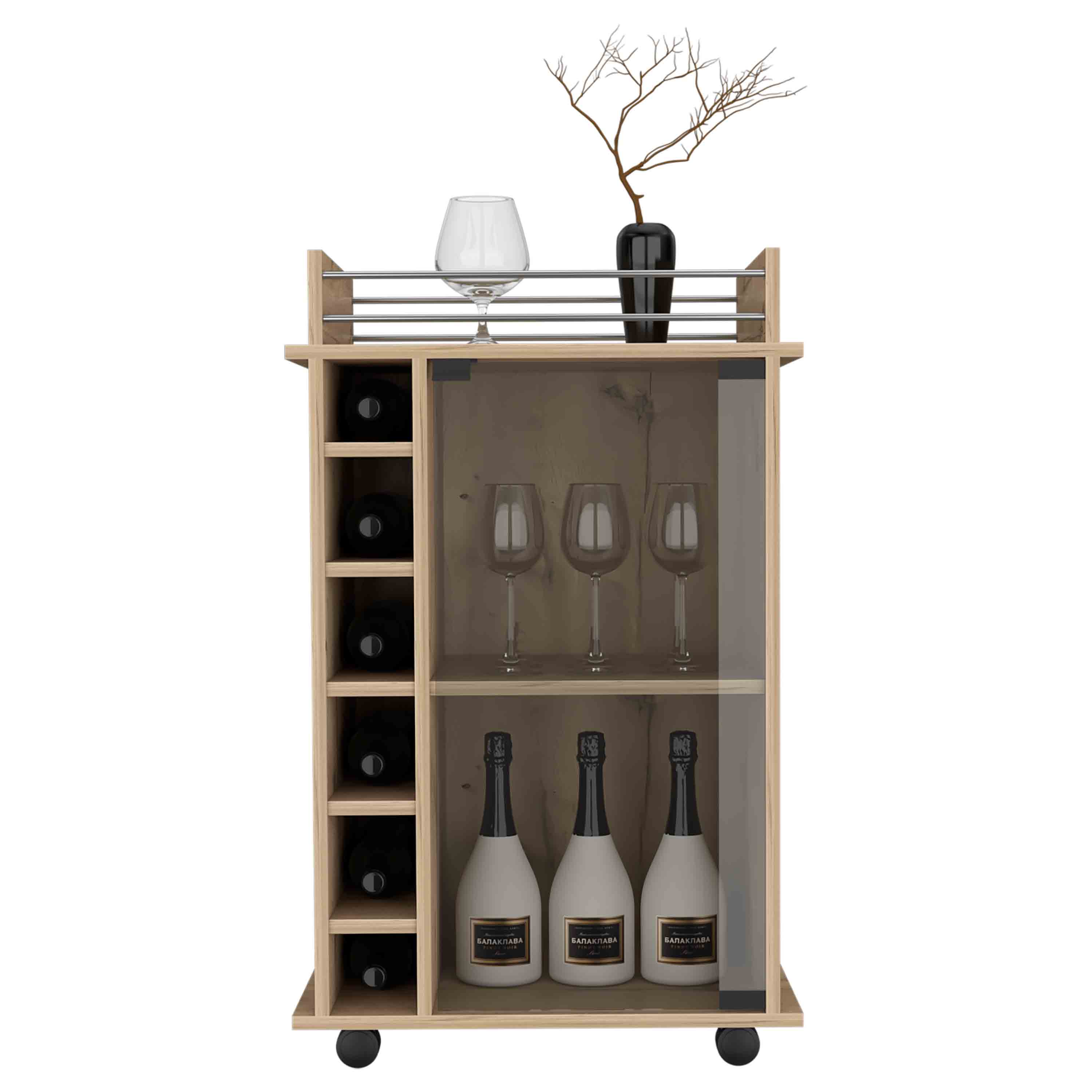 32" H light oak bar-coffee cart, Kitchen or living room cabinet storage with with 4 wheels, with 6 bottle racks, a central shelf covered by 1 glass door, 1 support surface with aluminum front.