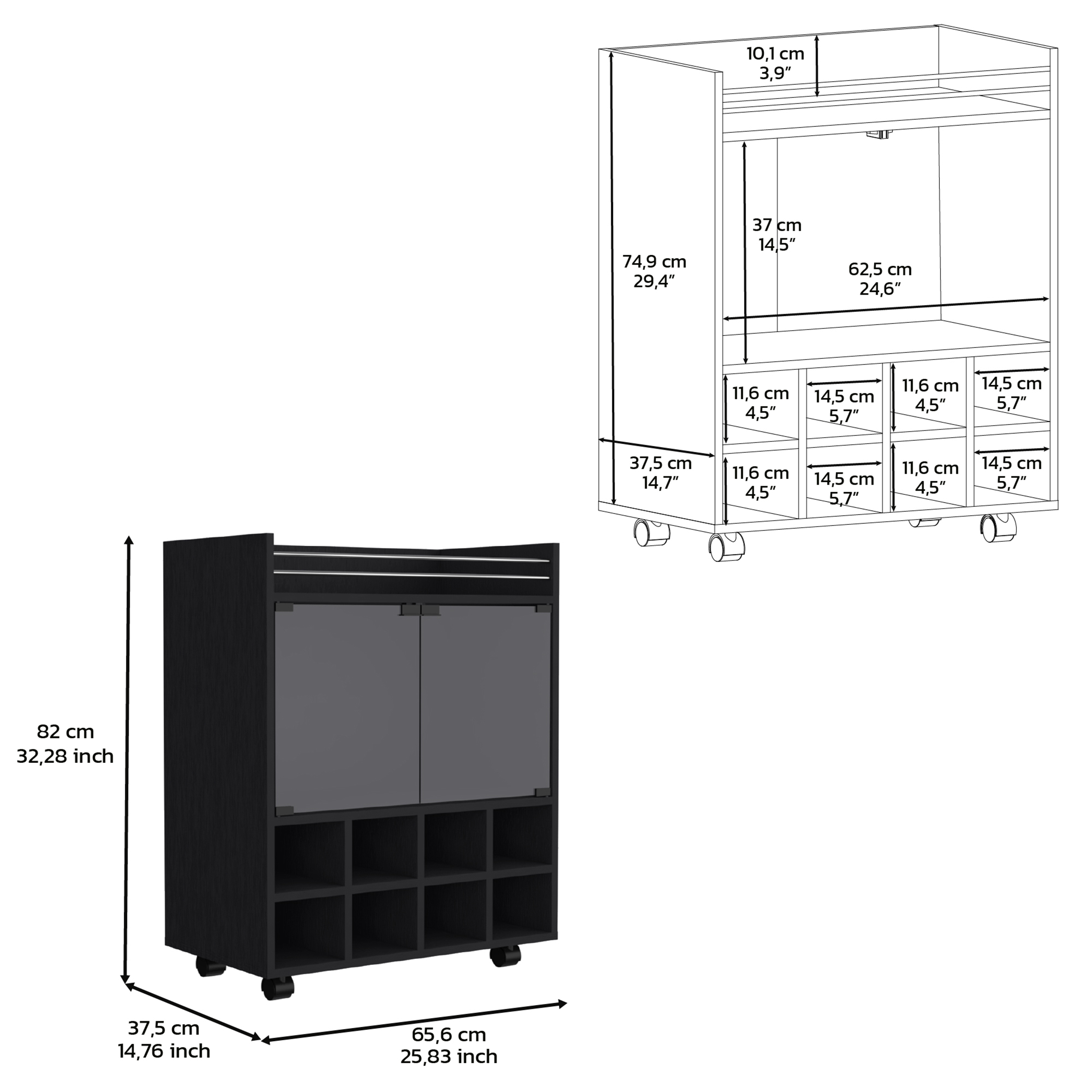 32" H black bar- coffee cart, Kitchen or living room cabinet storage with 4 wheels, with 8 bottle racks, a central shelf covered by 1 galss door, ideal for storing glasses and snacks