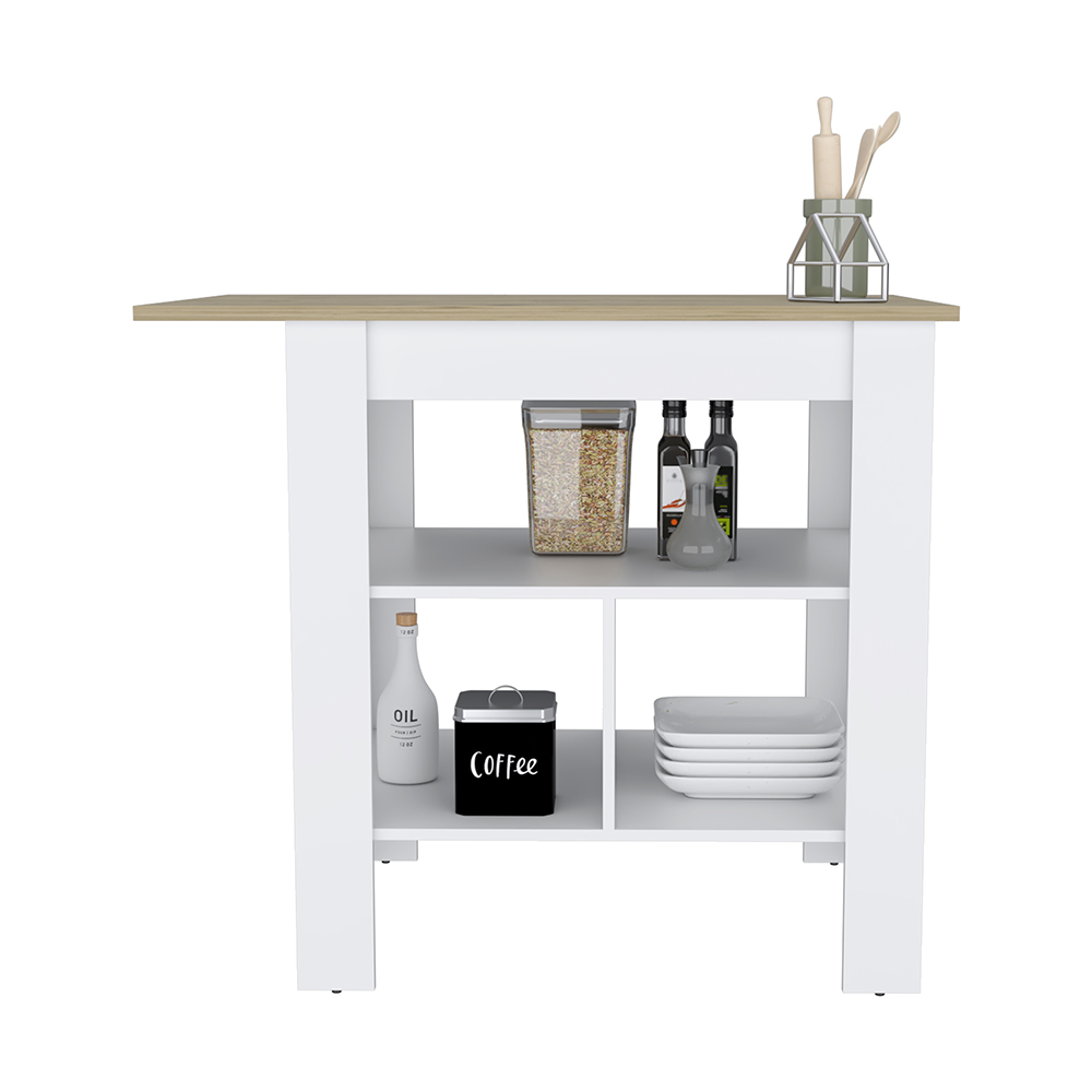 Kitchen Island, kitchen table 35" H, 3 Open Shelves, White/Macadamia