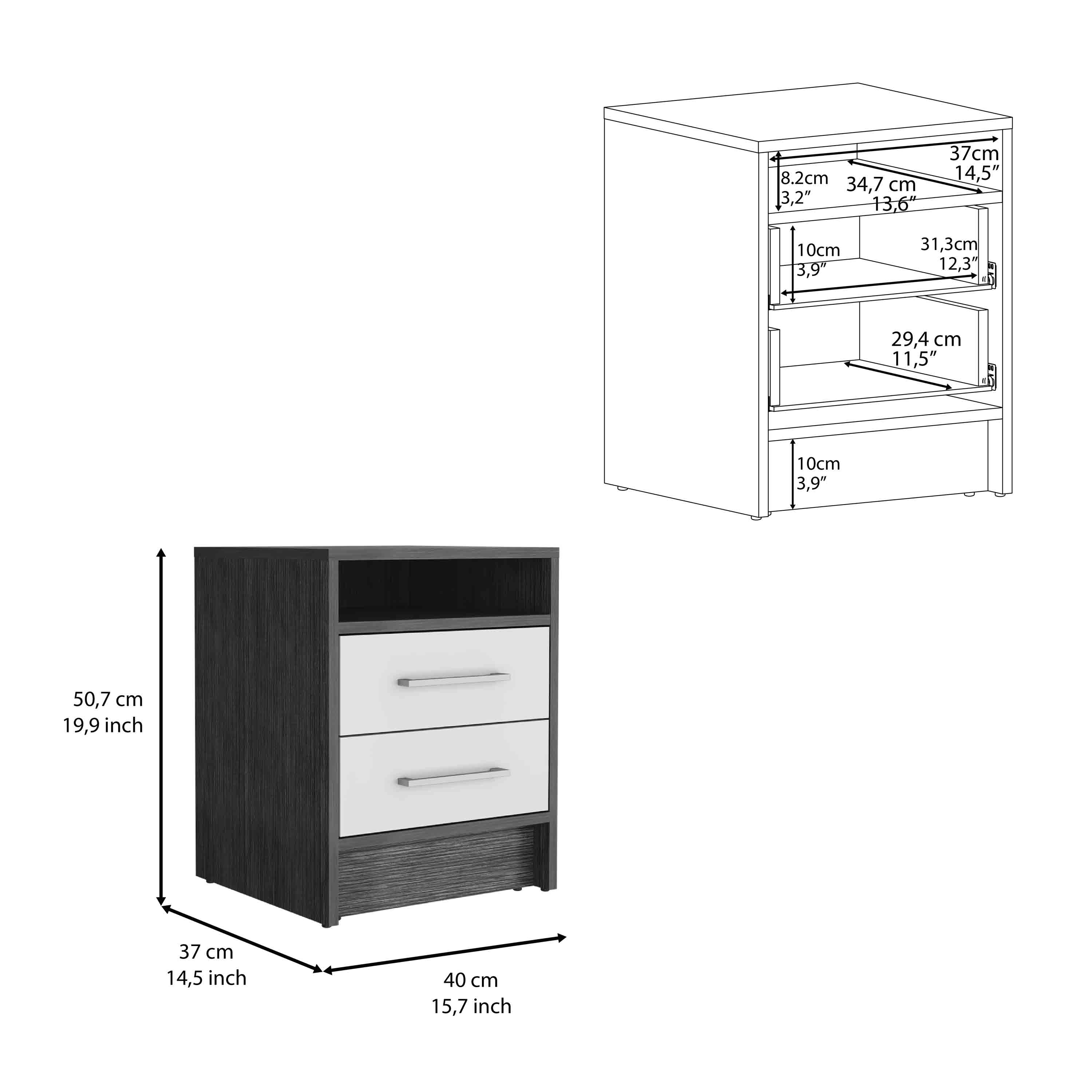 Nightstand 20"H, Two Drawers, Superior Top, Metal Handles, Smokey Oak / White