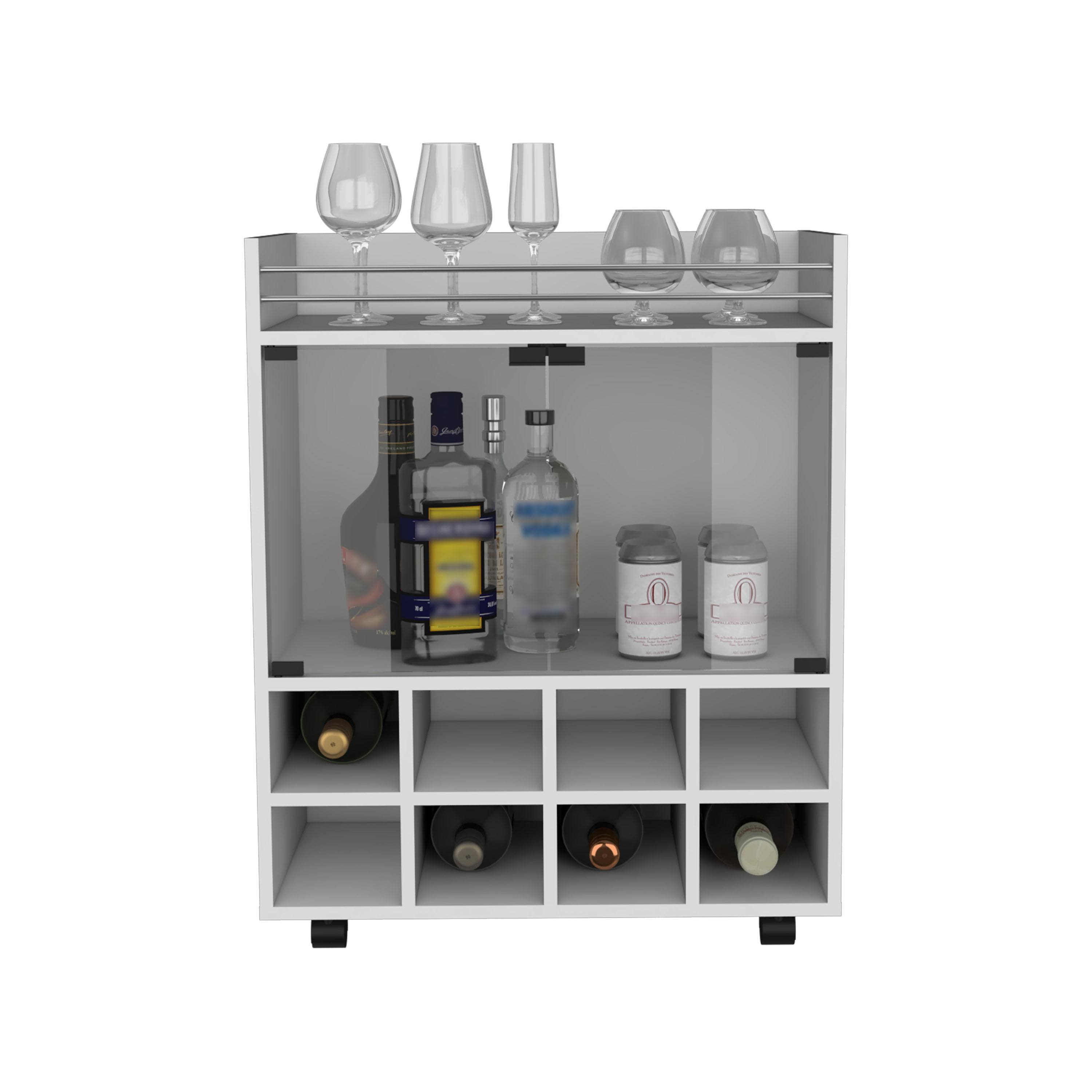 32" H white bar- coffee cart, Kitchen or living room cabinet storage with 4 wheels, with 8 bottle racks, a central shelf covered by 1 glass door, ideal for storing glasses and snacks