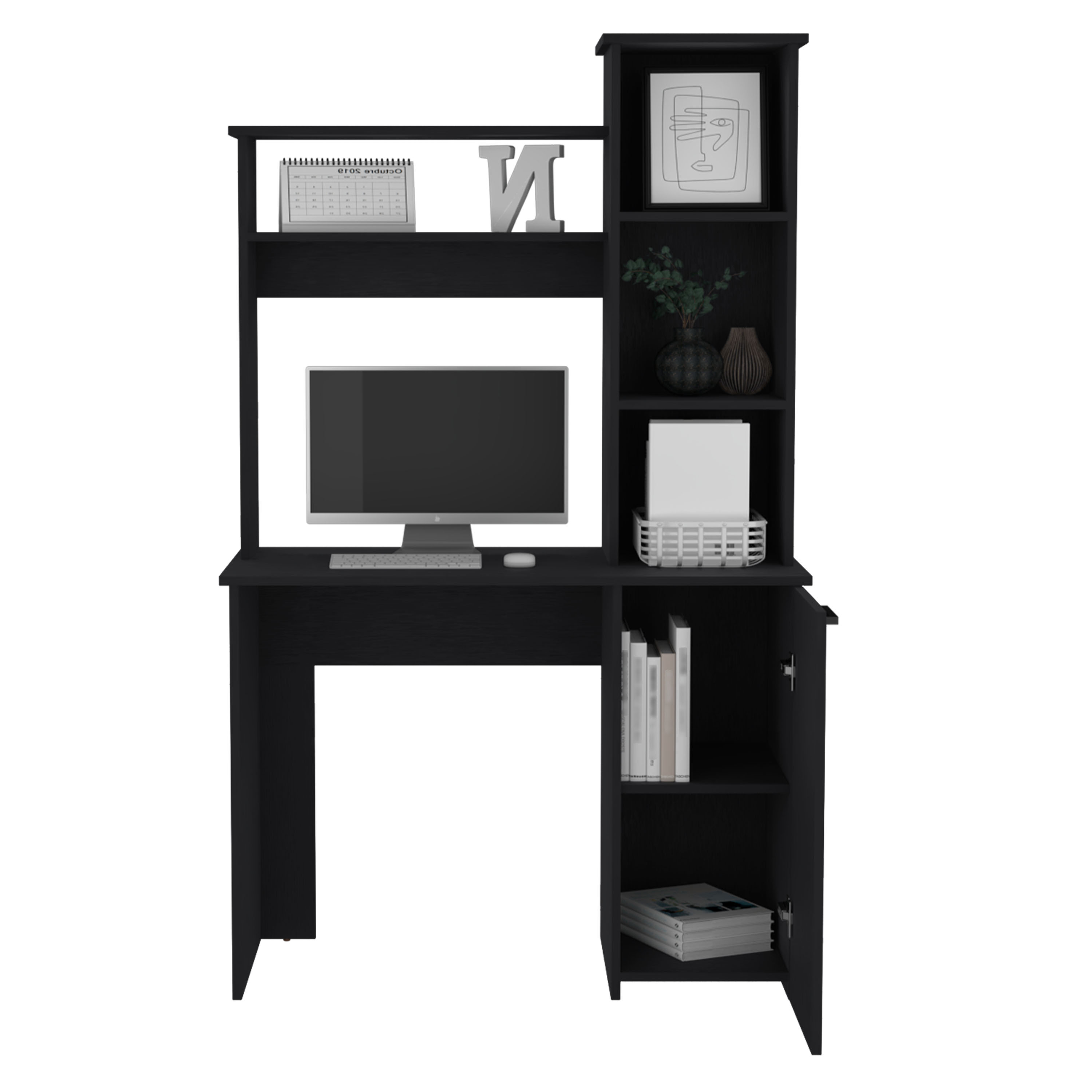 Muncy Computer Desk with Ample Work Surface, Hutch Storage and Single Door Cabinet with 3-Tier Shelves, White