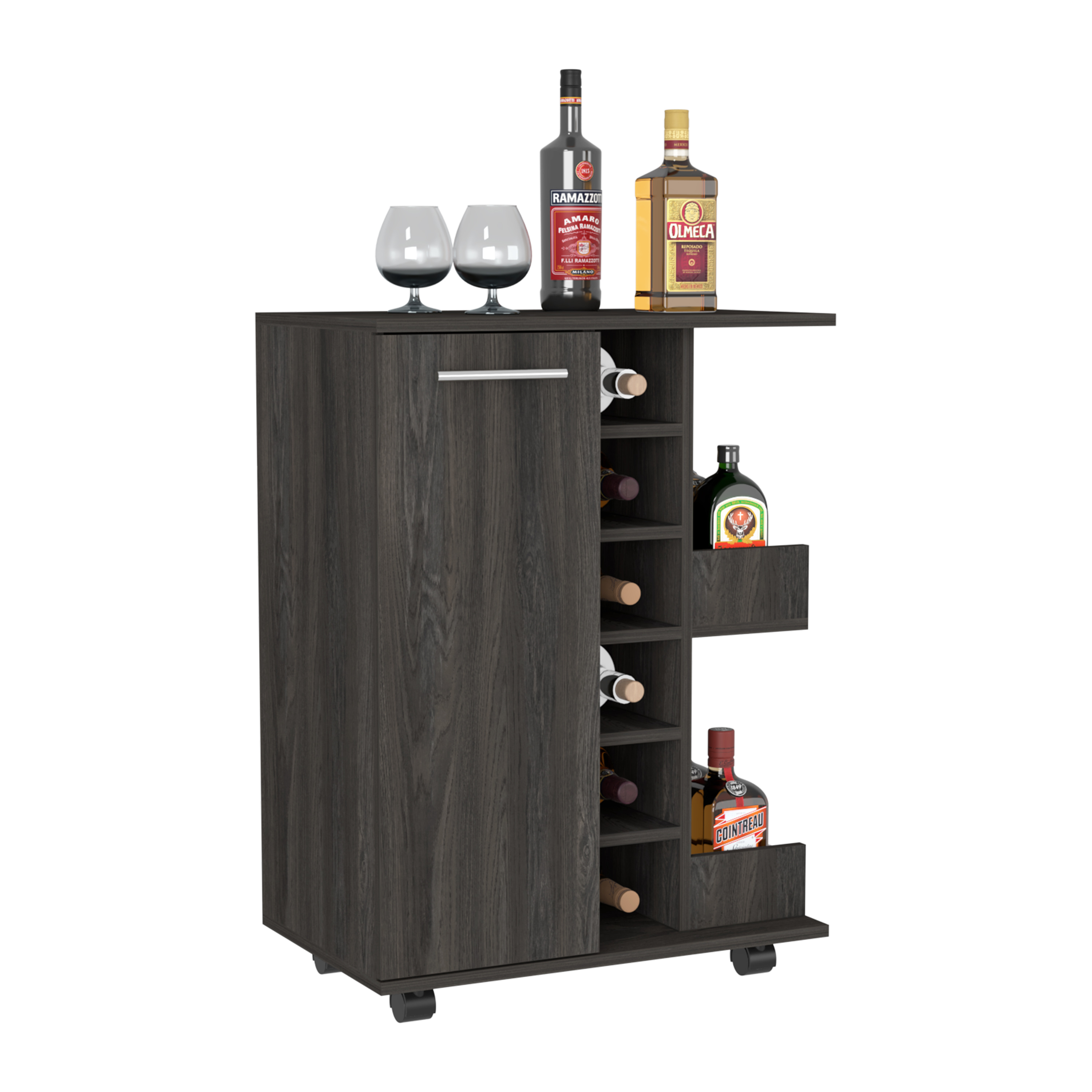 32" H carbon espresso bar-coffee cart, cabinet storage, with 4 wheels, 1 divided storage with 1 shelf, 1 folding door, a central vertical division for 6 bottles and 2 side shelves with aluminum front