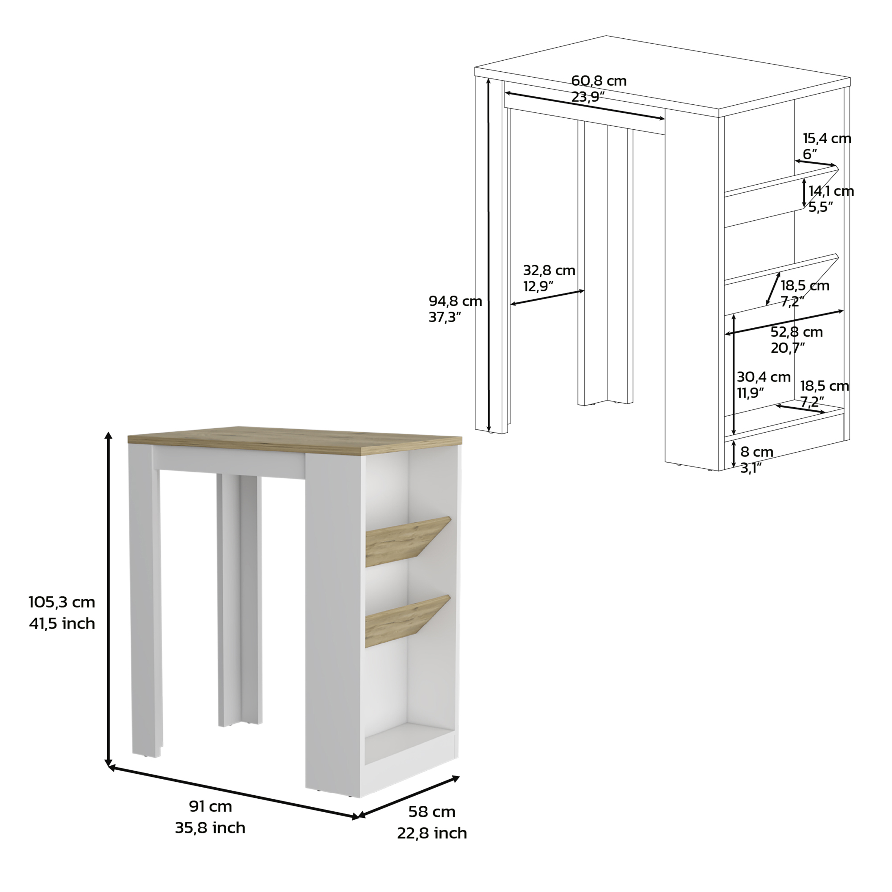 Kitchen Island 41" H, 2 Bottle Organizer and Shelf, White / Macadamia