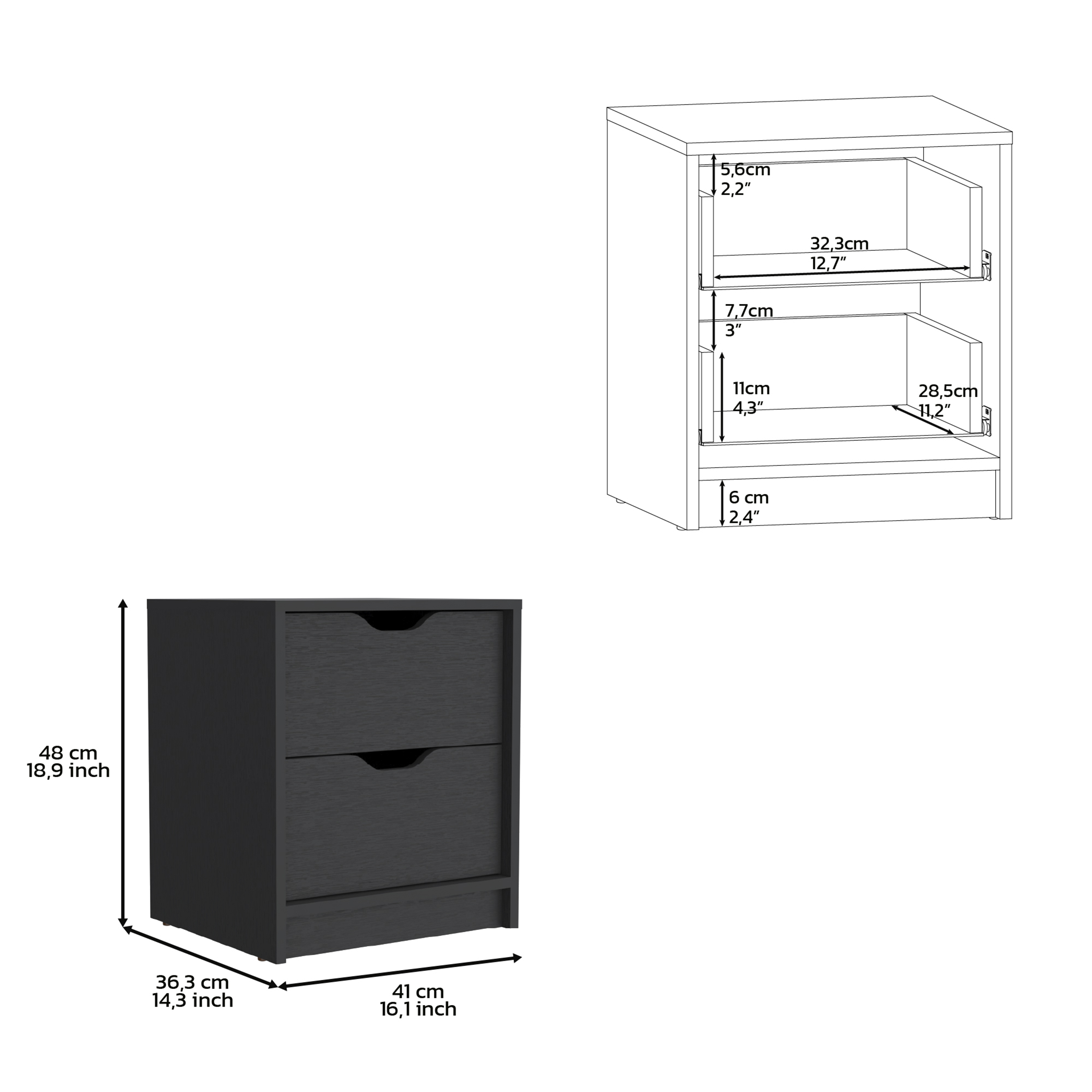 Double Drawer Nightstand 19"H, Bedside Table, Black