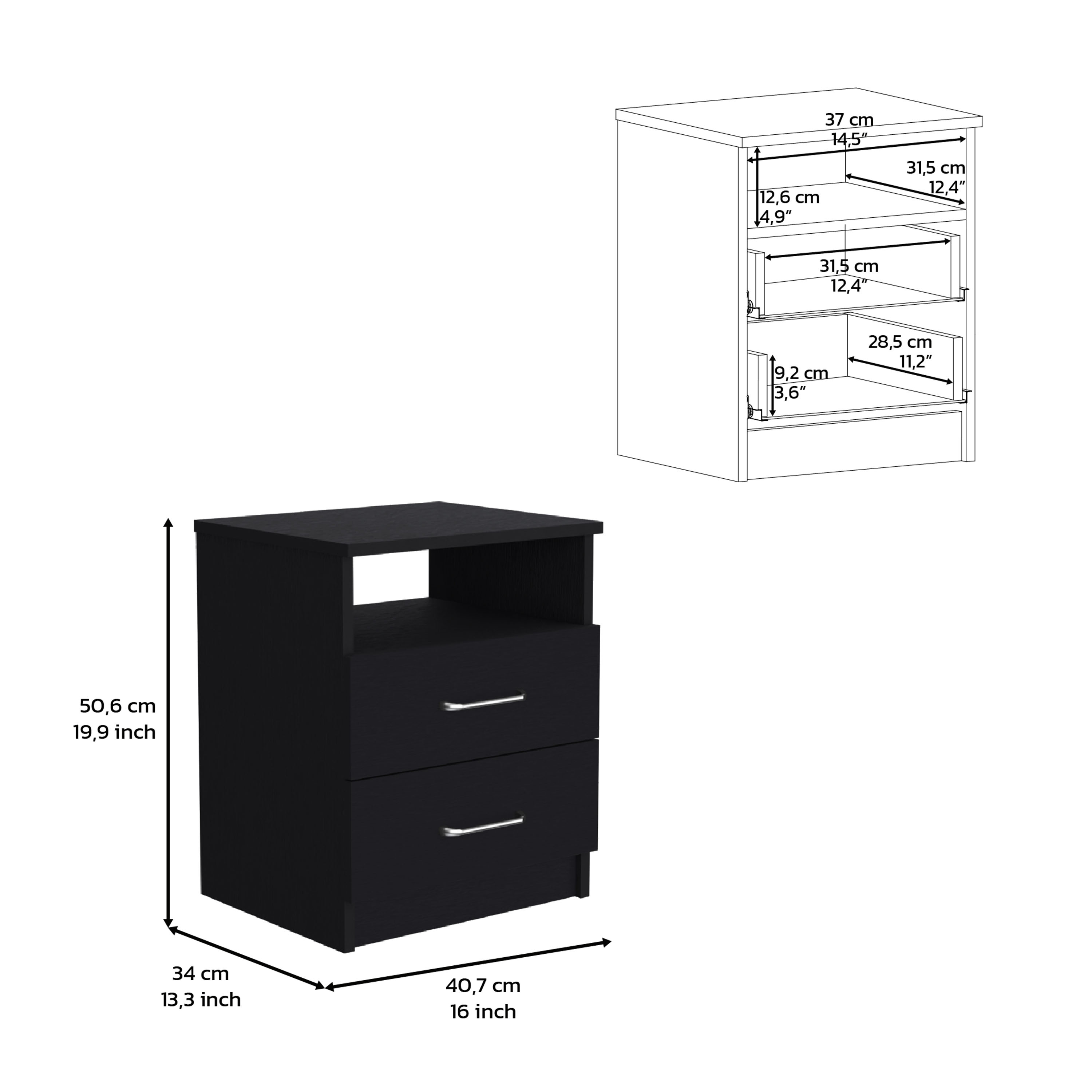 Nightstand 20"H, Two Drawers, One Shelf, Superior Top, Black