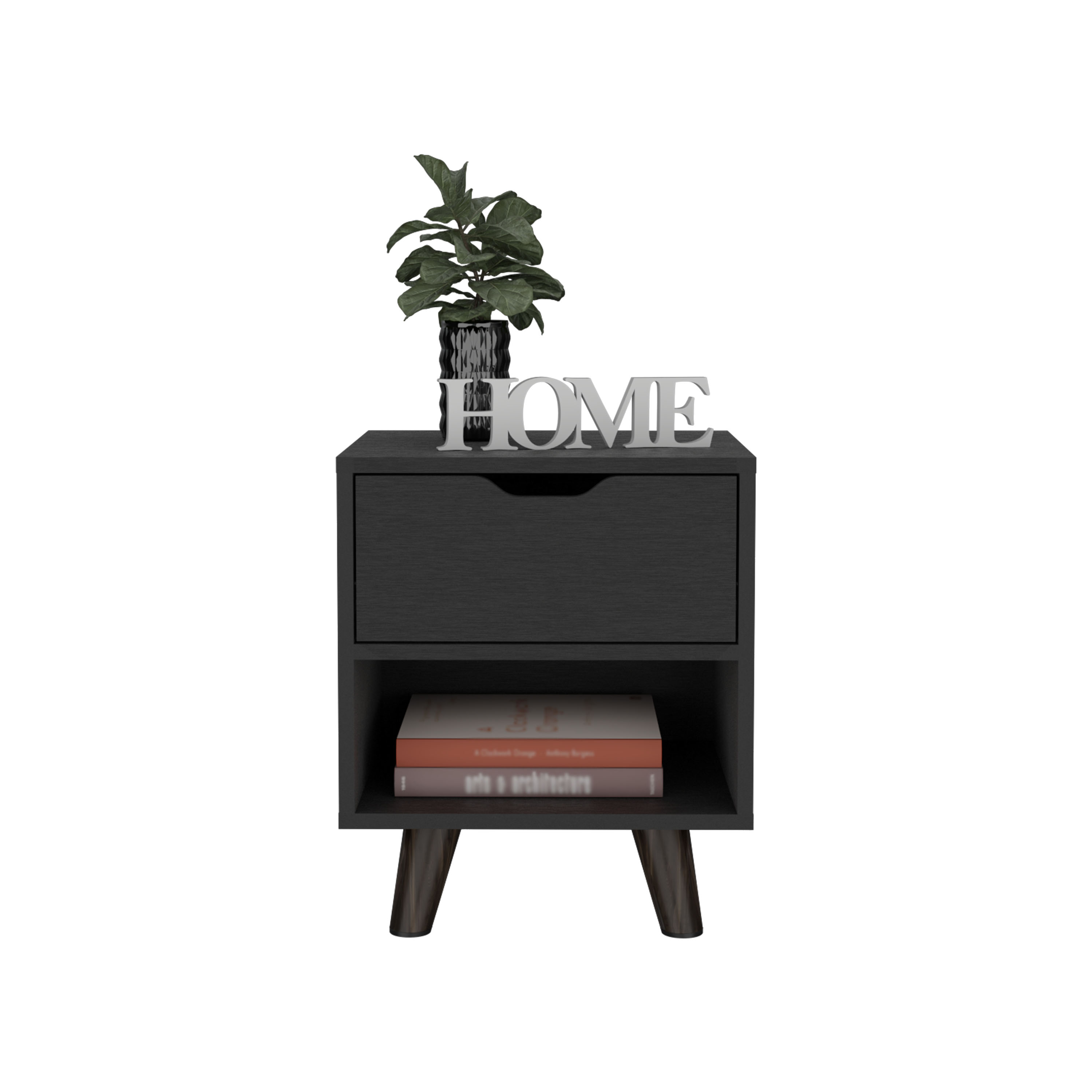 Modern Nightstand 19"H with Spacious Drawer, Open Storage Shelf and Chic Wooden Legs, Black