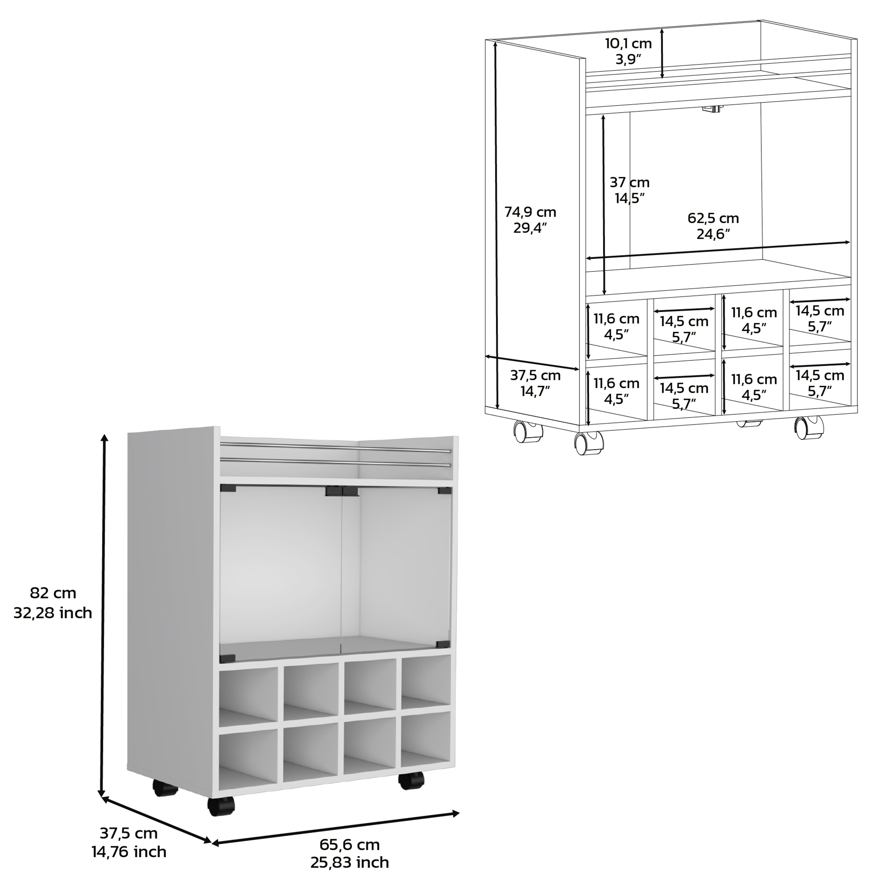 32" H white bar- coffee cart, Kitchen or living room cabinet storage with 4 wheels, with 8 bottle racks, a central shelf covered by 1 glass door, ideal for storing glasses and snacks