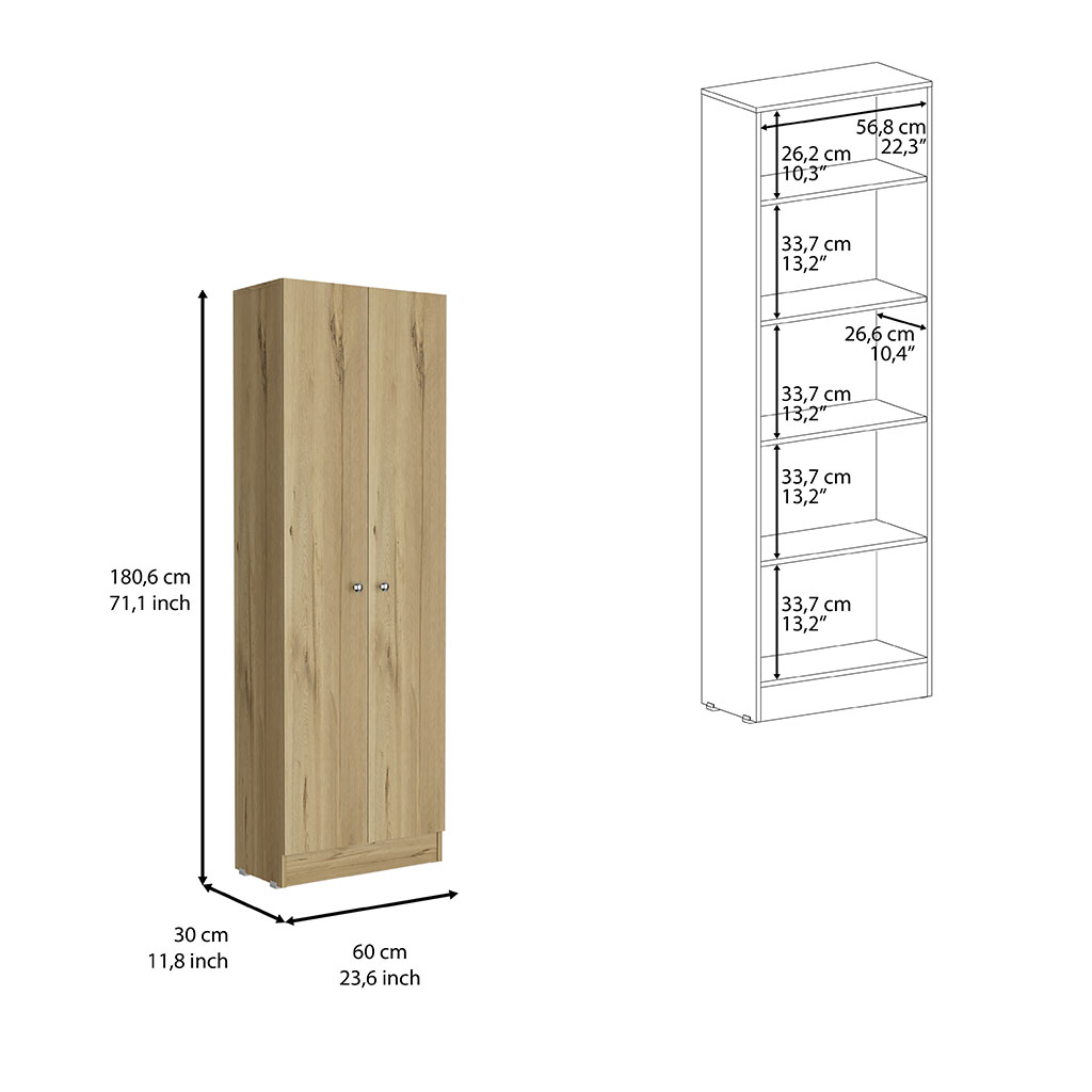 Multistorage Cabinet 71" H, Two Doors, Five Internal Shelves, Light Oak / Black