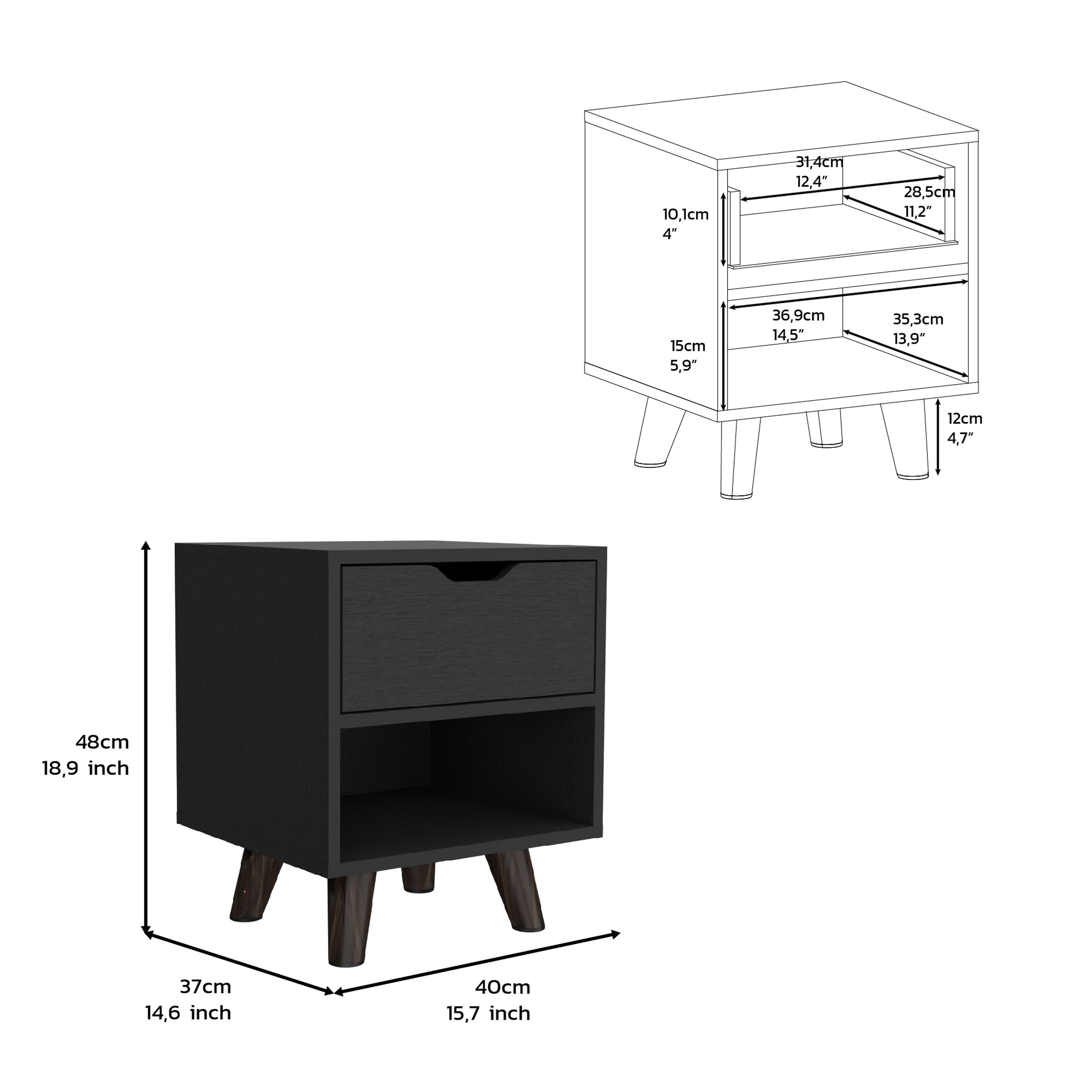 Modern Nightstand 19"H with Spacious Drawer, Open Storage Shelf and Chic Wooden Legs, Black