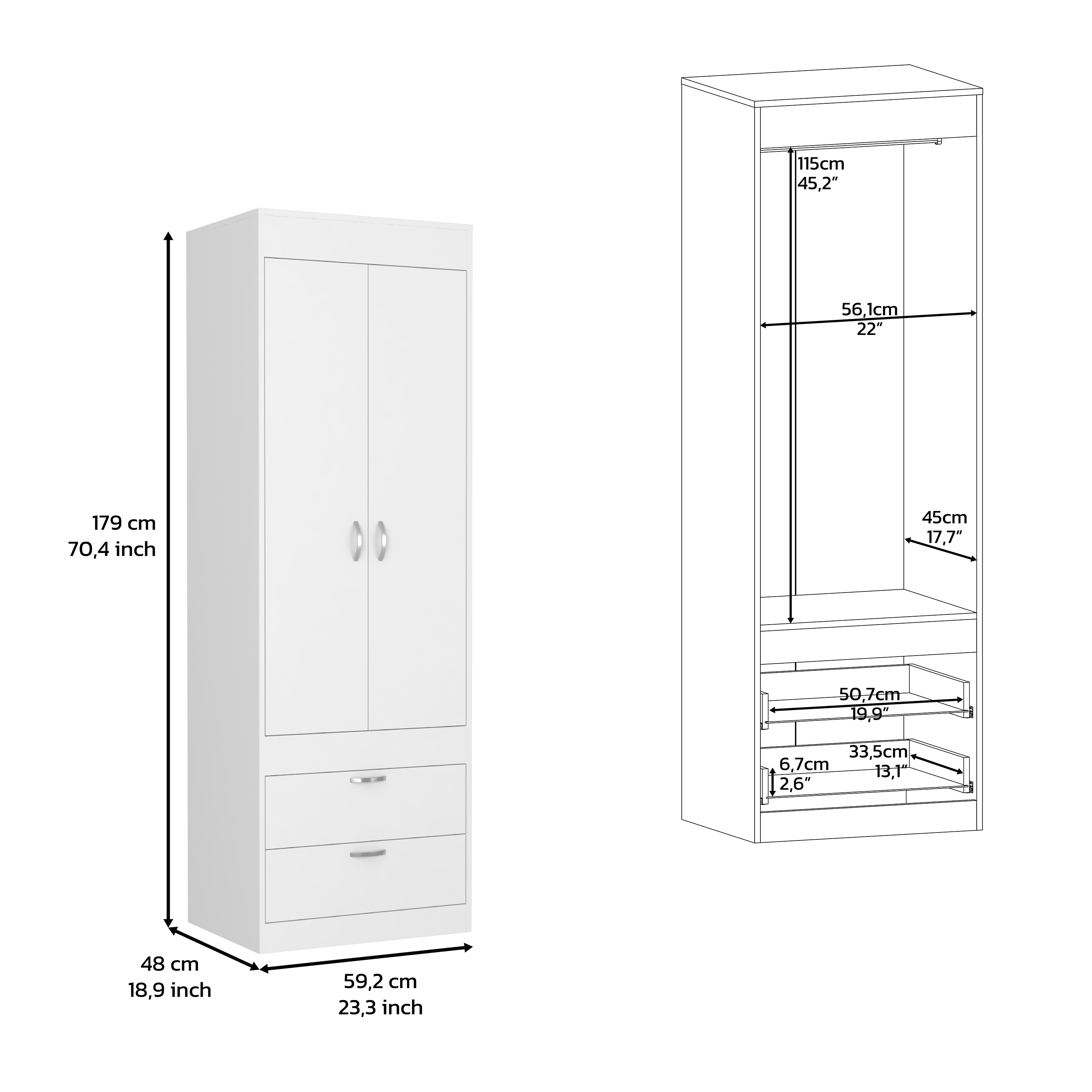 Armoire 70H", Pintu Ganda Lemari, Dua Laci, Pegangan Logam, Rod, Putih