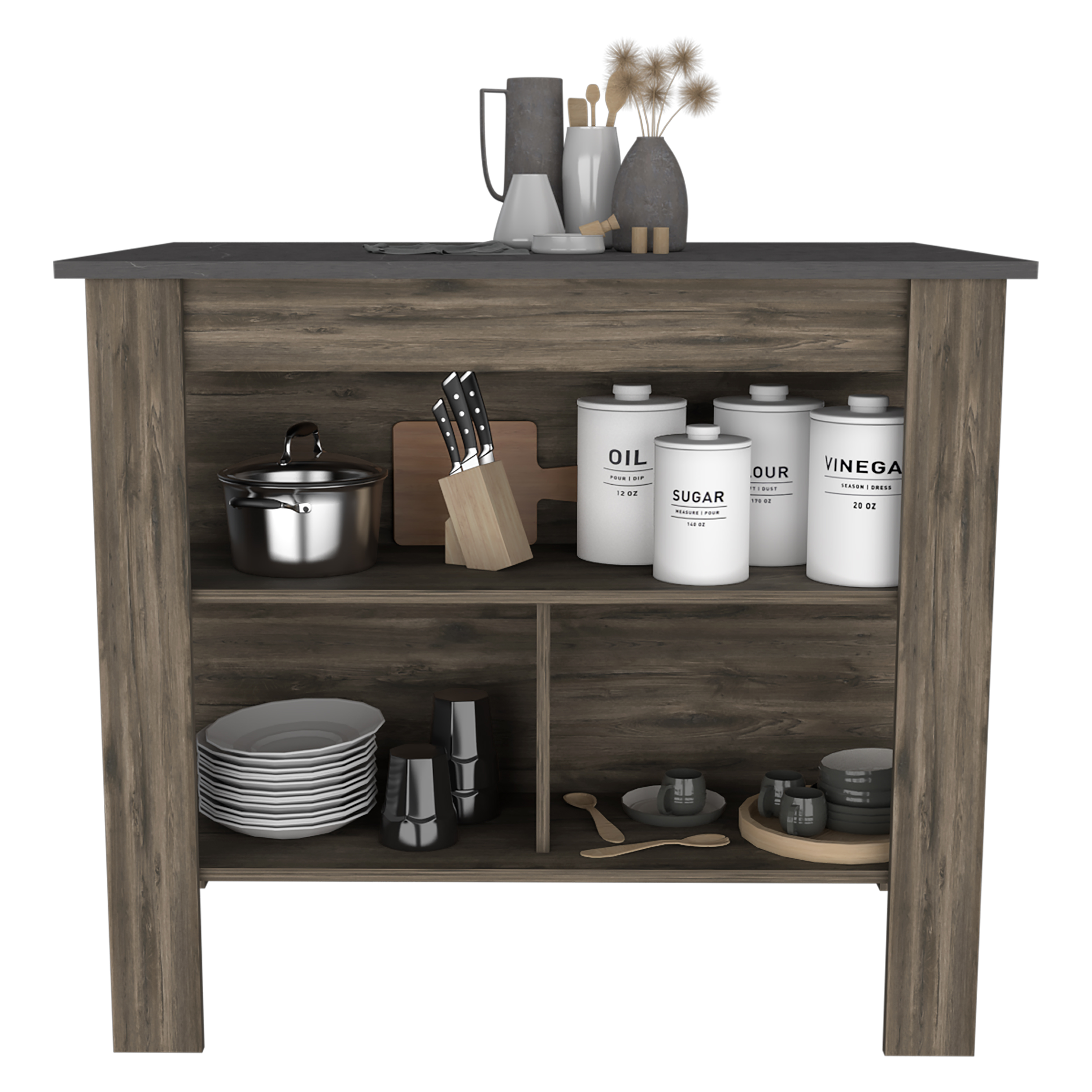 Kitchen Island, kitchen table 35" H, Four Legs, Three Open Storage Shelves, Dark Brown / Onix