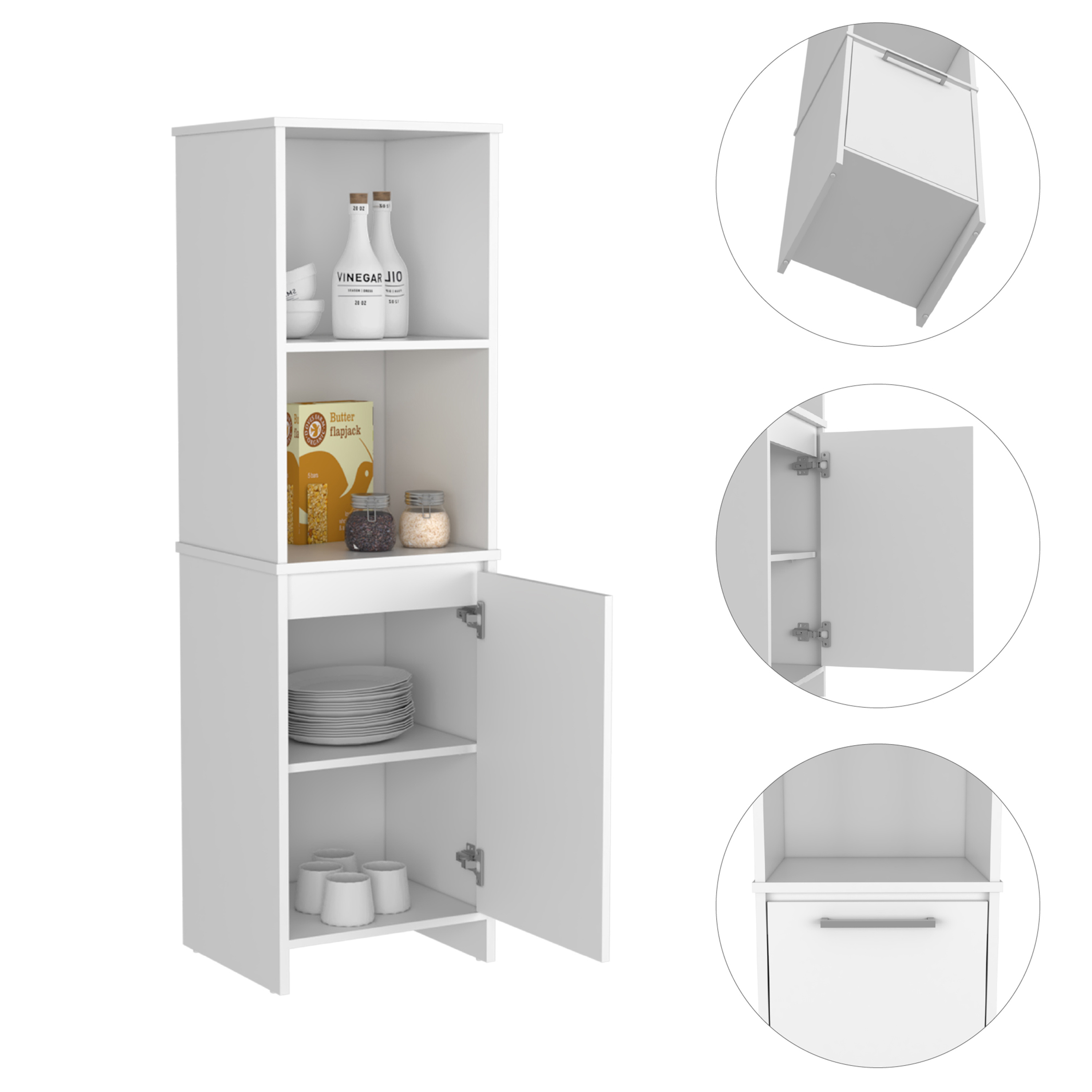 Kitchen Pantry 59" H, Two Open Storage Shelves, Single Door Cabinet, Two Interior Shelves, White