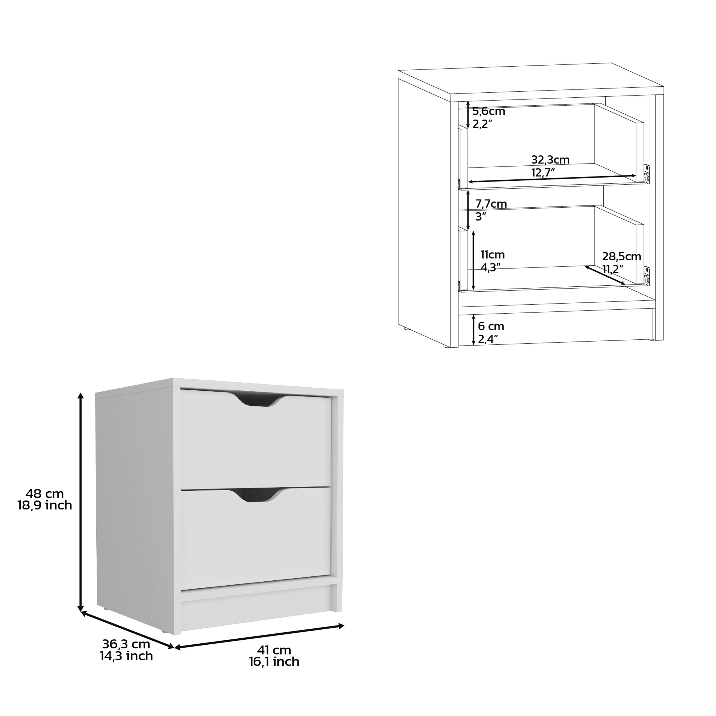 Double Drawer Nightstand 19"H, Bedside Table, White