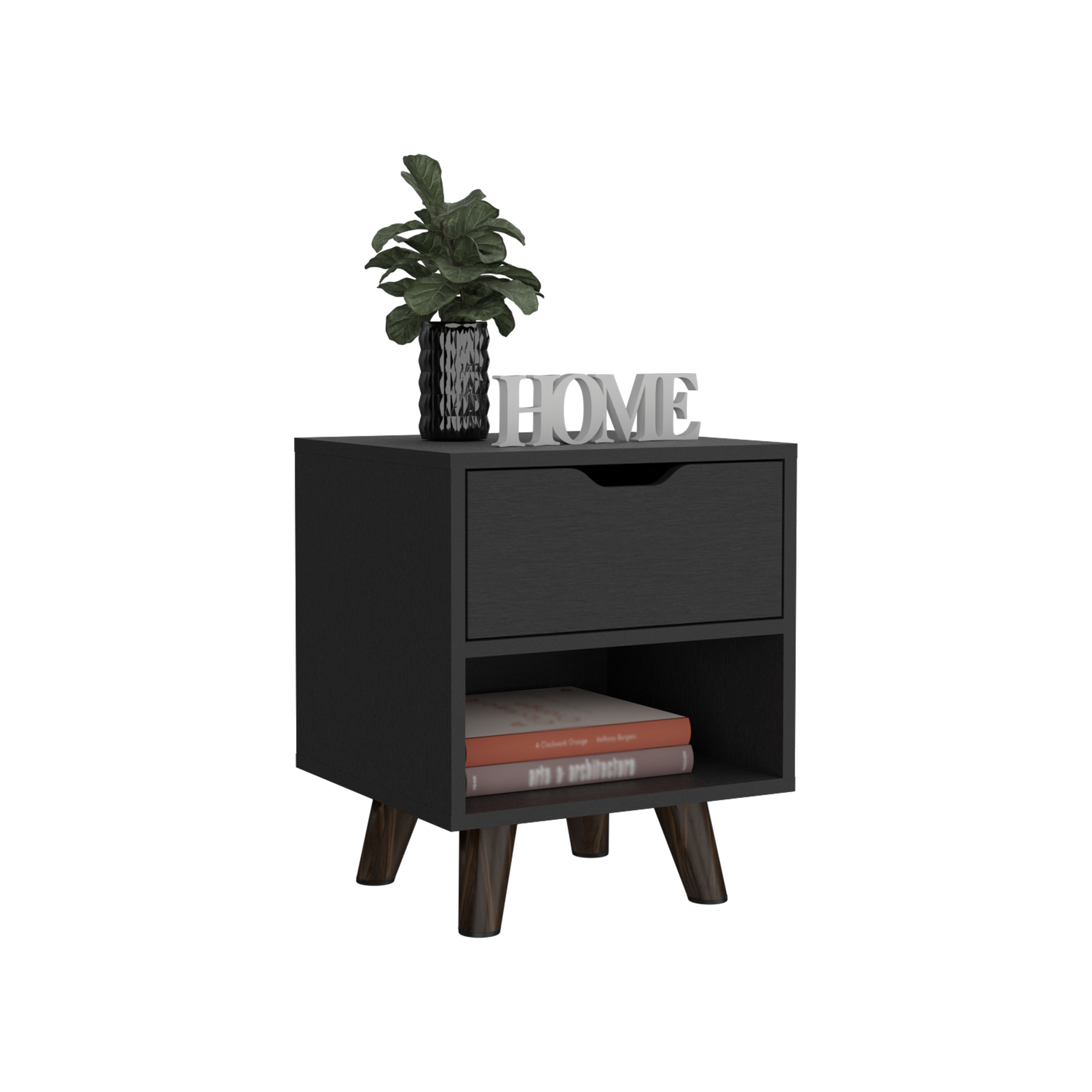 Modern Nightstand 19"H with Spacious Drawer, Open Storage Shelf and Chic Wooden Legs, Black