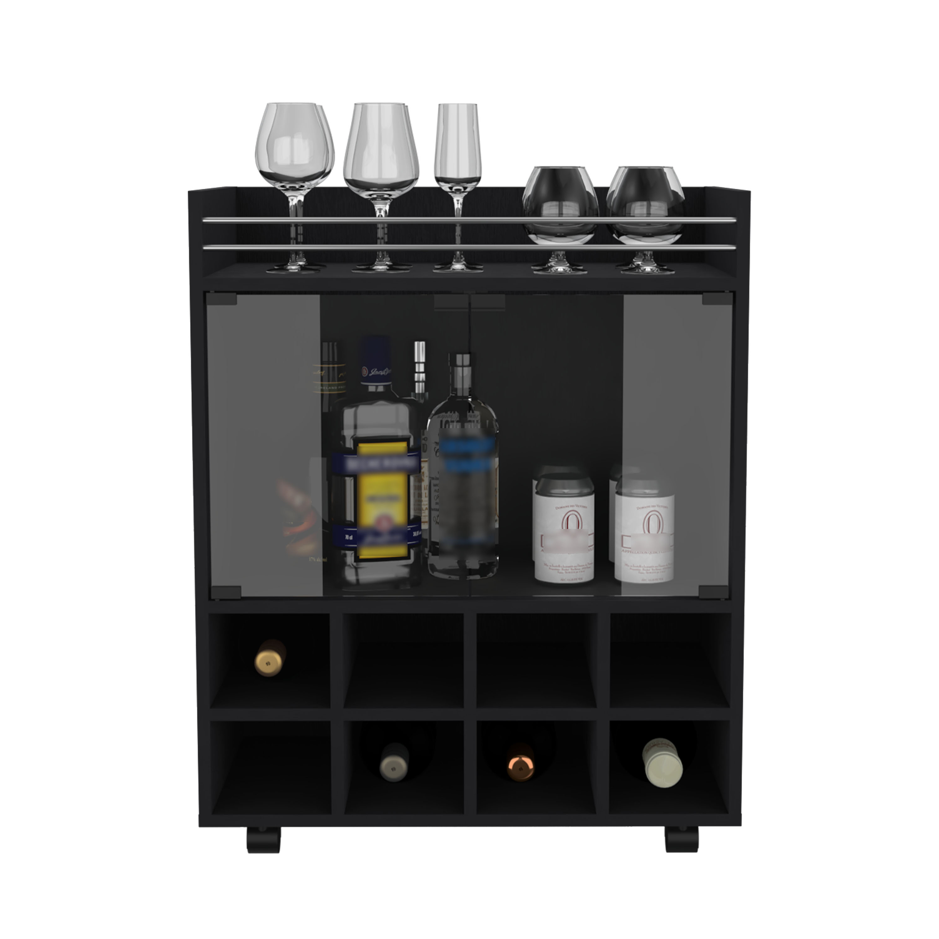 32" H black bar- coffee cart, Kitchen or living room cabinet storage with 4 wheels, with 8 bottle racks, a central shelf covered by 1 galss door, ideal for storing glasses and snacks