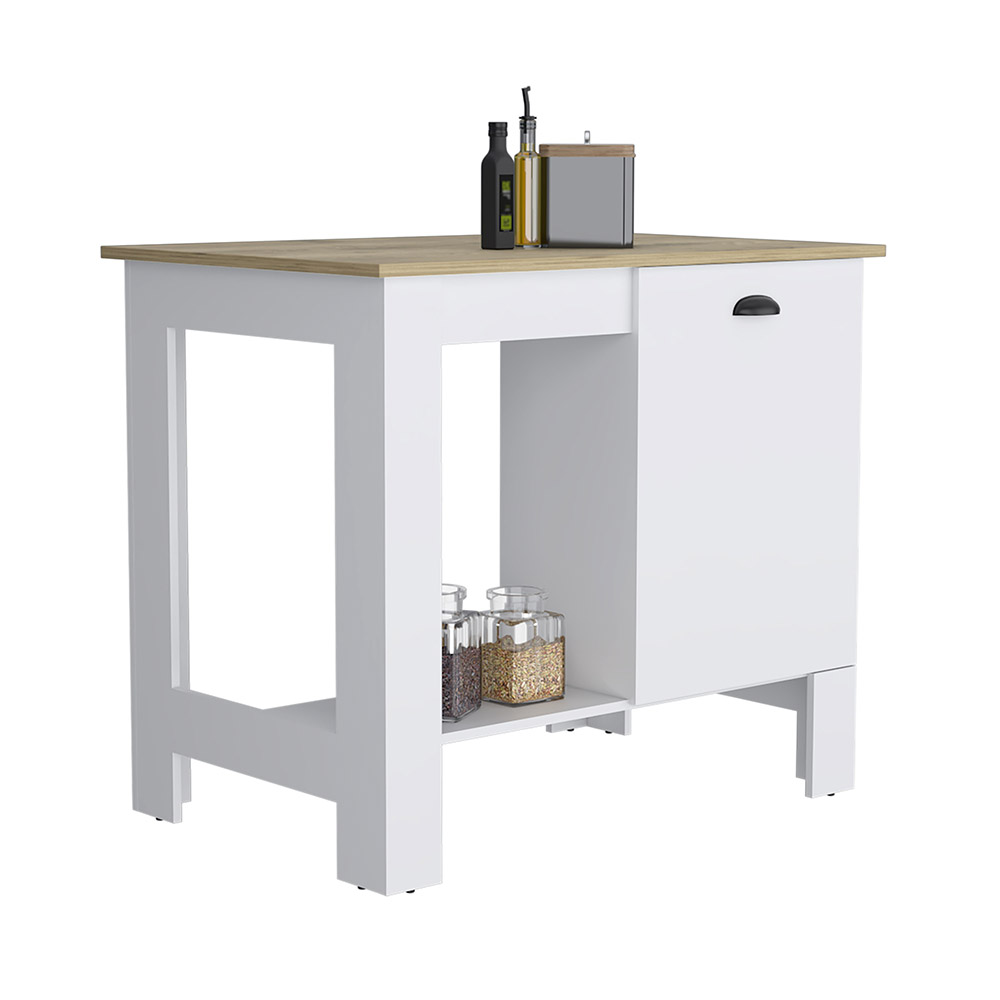 Kitchen Island 35" H, One Storage Cabinet with Door, Two Internal Shelves, One Open storage Shelf, White/Macadamia