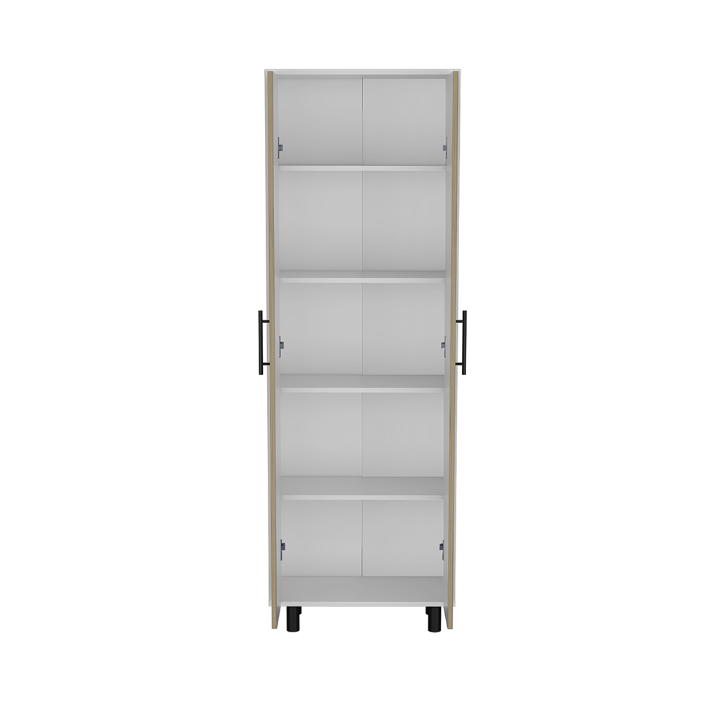 Armoire multi-rangements 71"H, cinq étagères internes, deux portes, blanc/macadamia