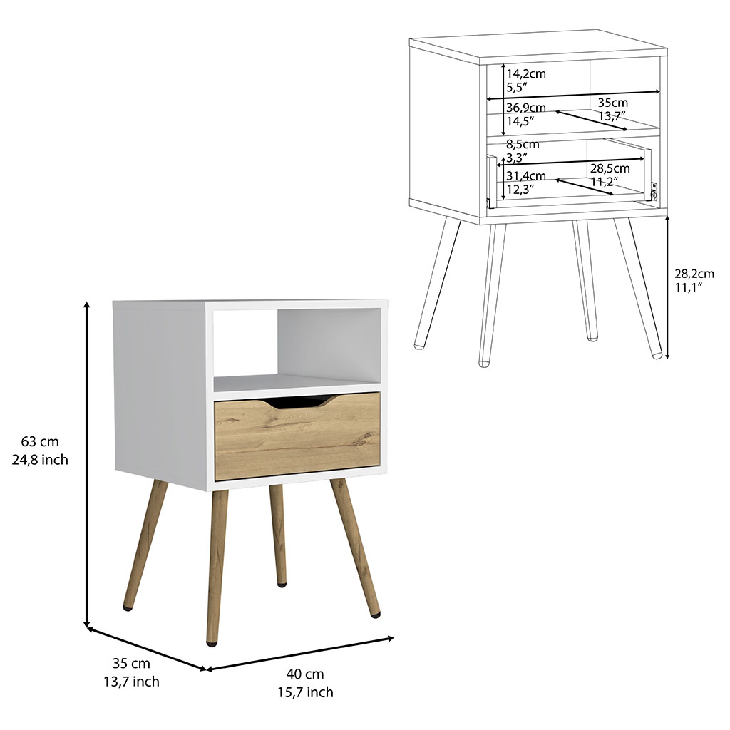 Nightstand 25"H, Superior Top, Four Legs, One Open Shelf, One Drawer, Smokey Oak / White