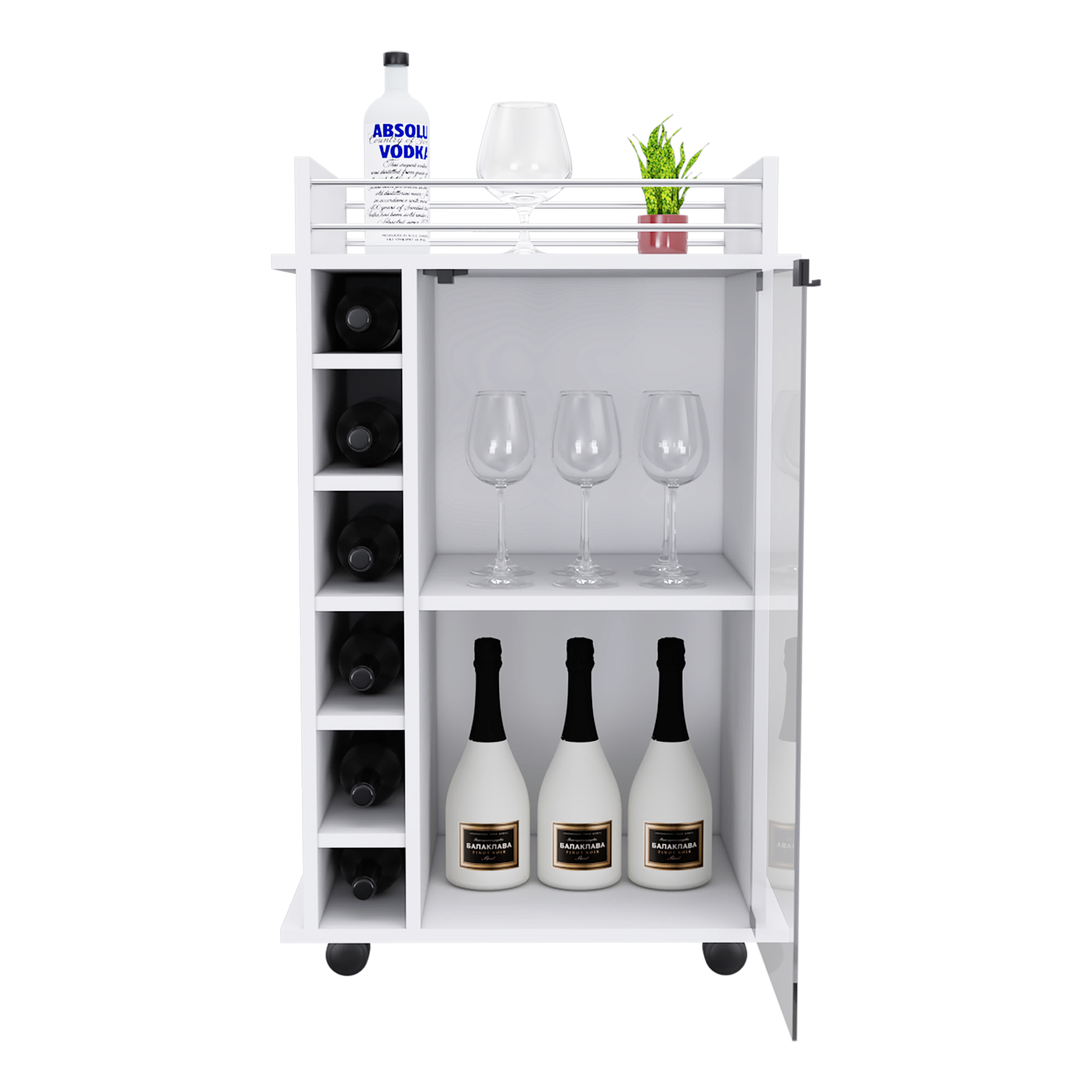 32" H white bar-coffee cart, Kitchen or living room cabinet storage with with 4 wheels, with 6 bottle racks, a central shelf covered by 1 glass door, 1 support surface with aluminum front.