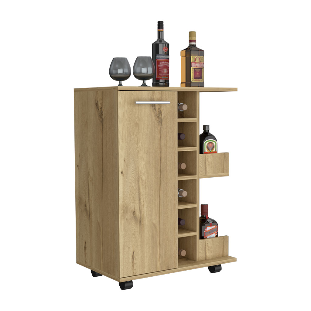 32" H light oak bar-coffee cart, cabinet storage, with 4 wheels, 1 divided storage with 1 shelf, 1 folding door, a central vertical division for 6 bottles and 2 side shelves with aluminum front