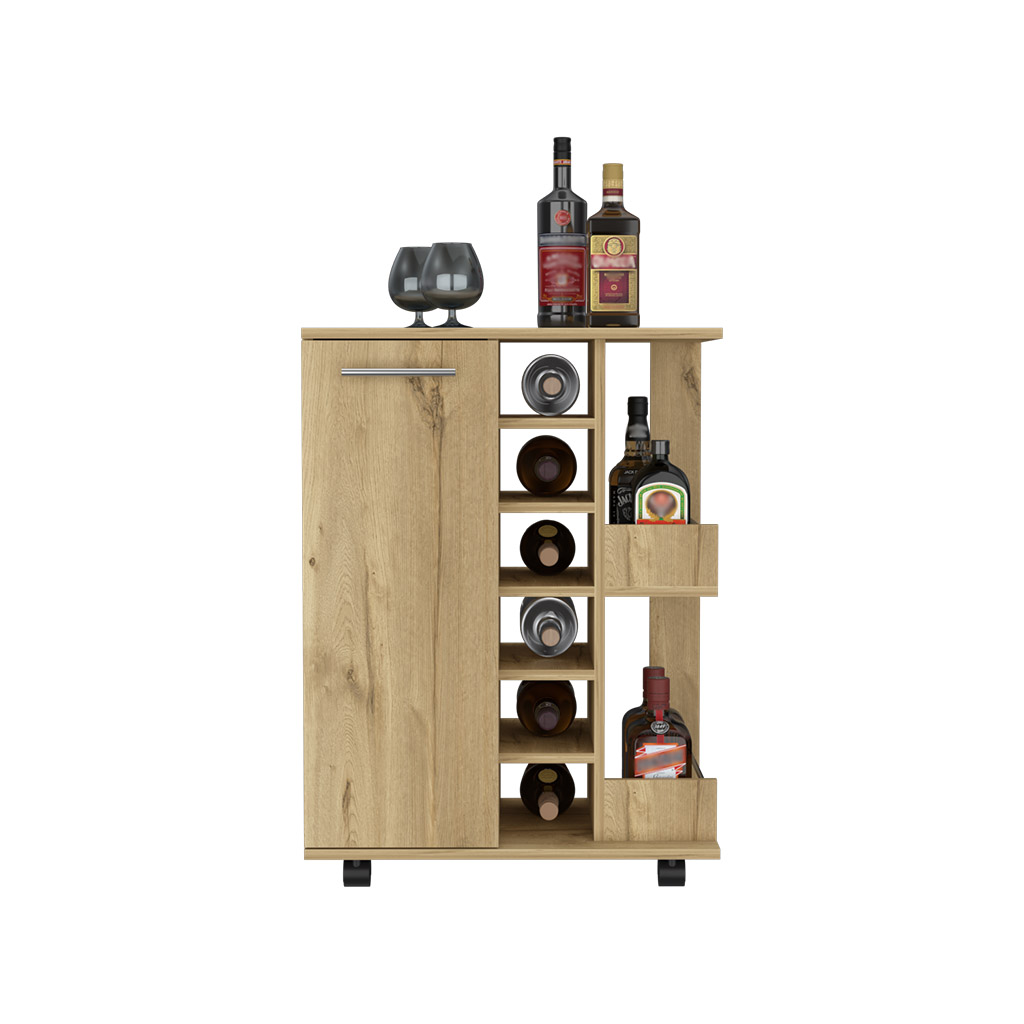 32" H light oak bar-coffee cart, cabinet storage, with 4 wheels, 1 divided storage with 1 shelf, 1 folding door, a central vertical division for 6 bottles and 2 side shelves with aluminum front