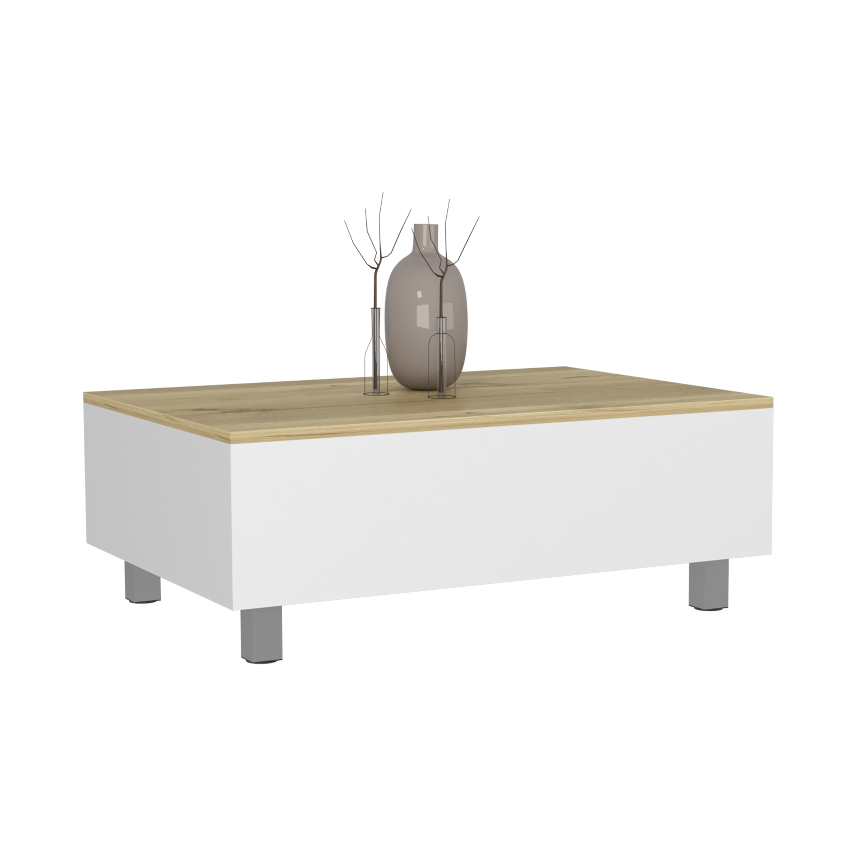 Table basse Aran avec plateau relevable, compartiment de rangement, blanc / chêne clair