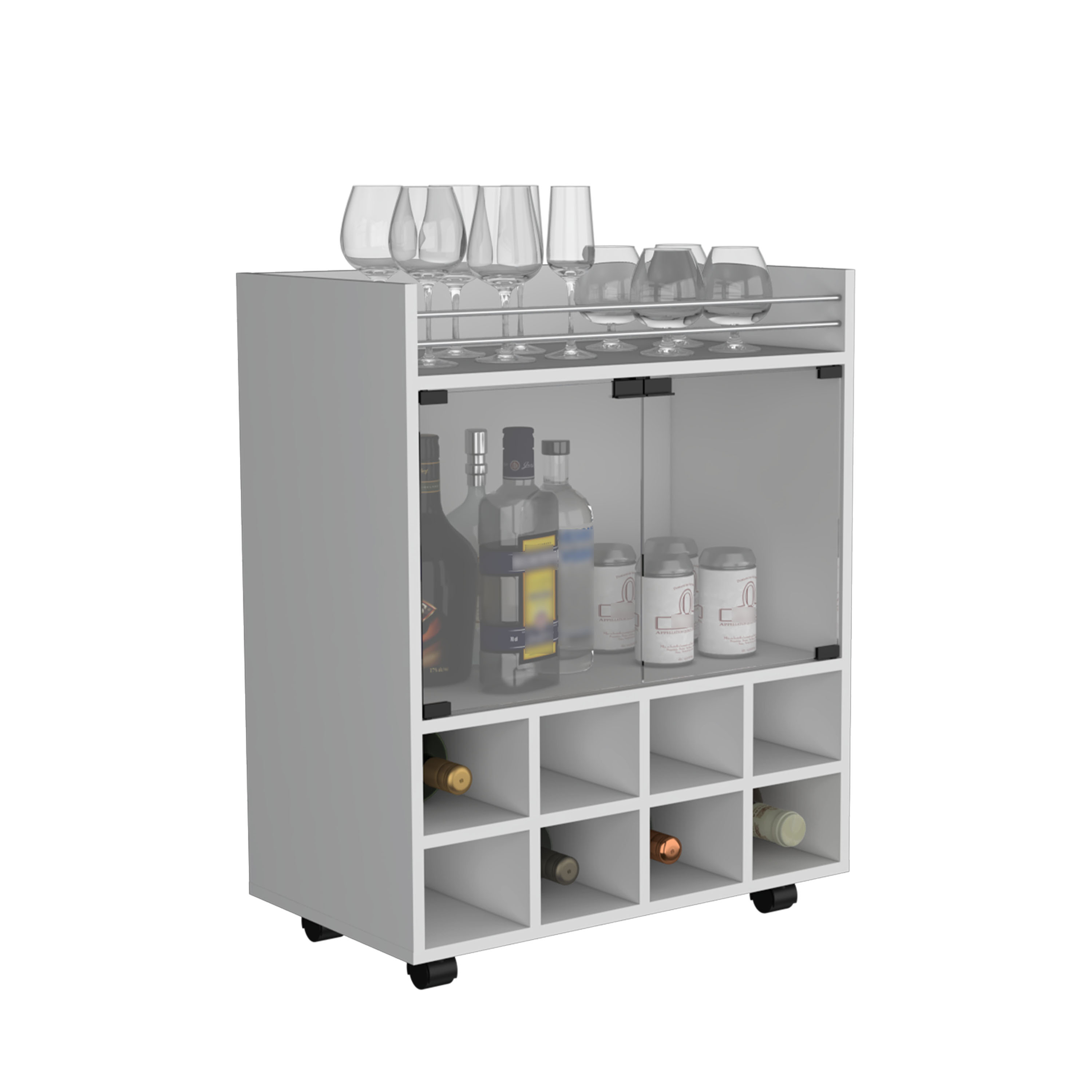 32" H white bar- coffee cart, Kitchen or living room cabinet storage with 4 wheels, with 8 bottle racks, a central shelf covered by 1 glass door, ideal for storing glasses and snacks