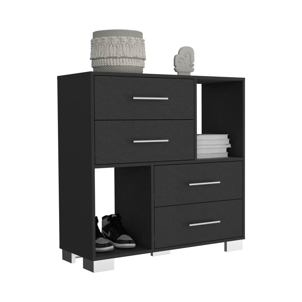 Dresser 35"H , Two Open Shelves, Four Drawers, Metal Handles, Black