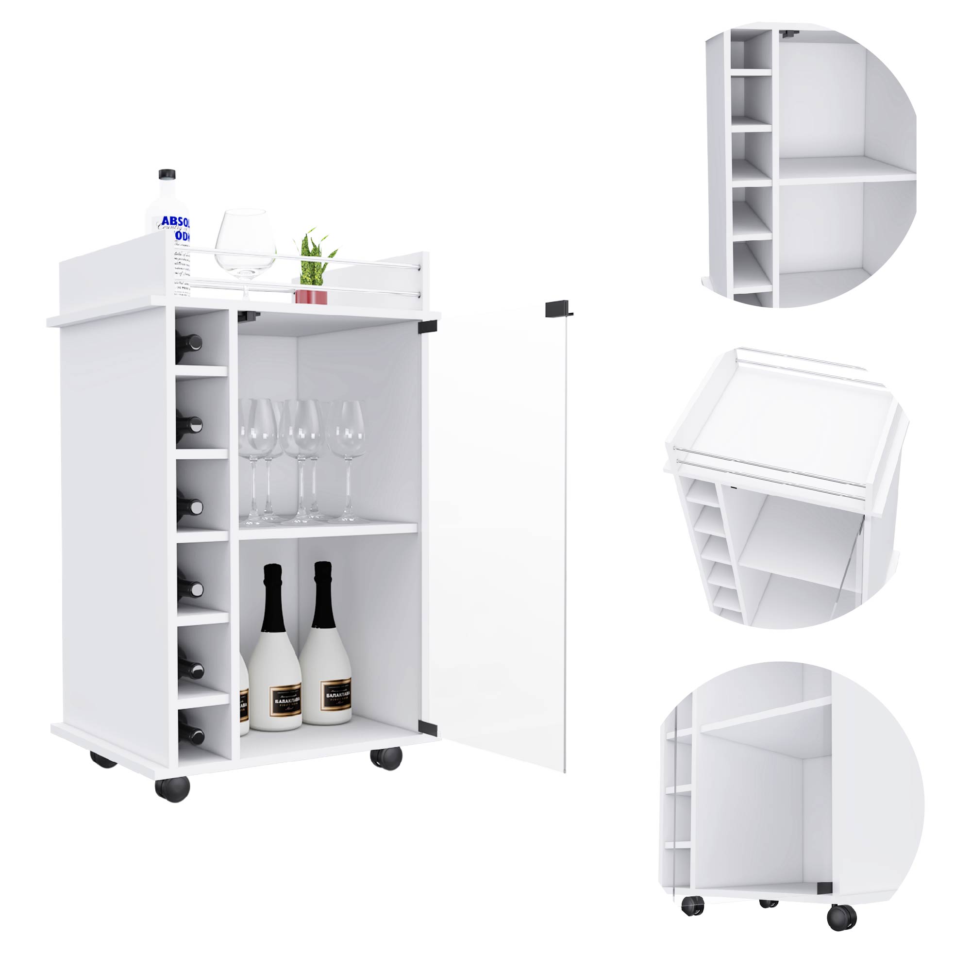 32" H white bar-coffee cart, Kitchen or living room cabinet storage with with 4 wheels, with 6 bottle racks, a central shelf covered by 1 glass door, 1 support surface with aluminum front.