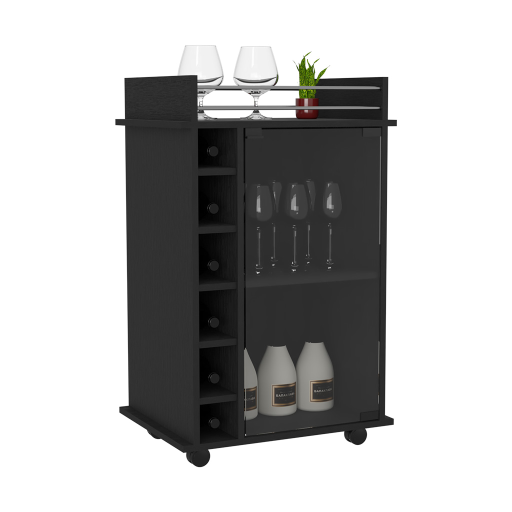 32" H black bar-coffee cart, Kitchen or living room cabinet storage with with 4 wheels, with 6 bottle racks, a central shelf covered by 1 glass door, 1 support surface with aluminum front.