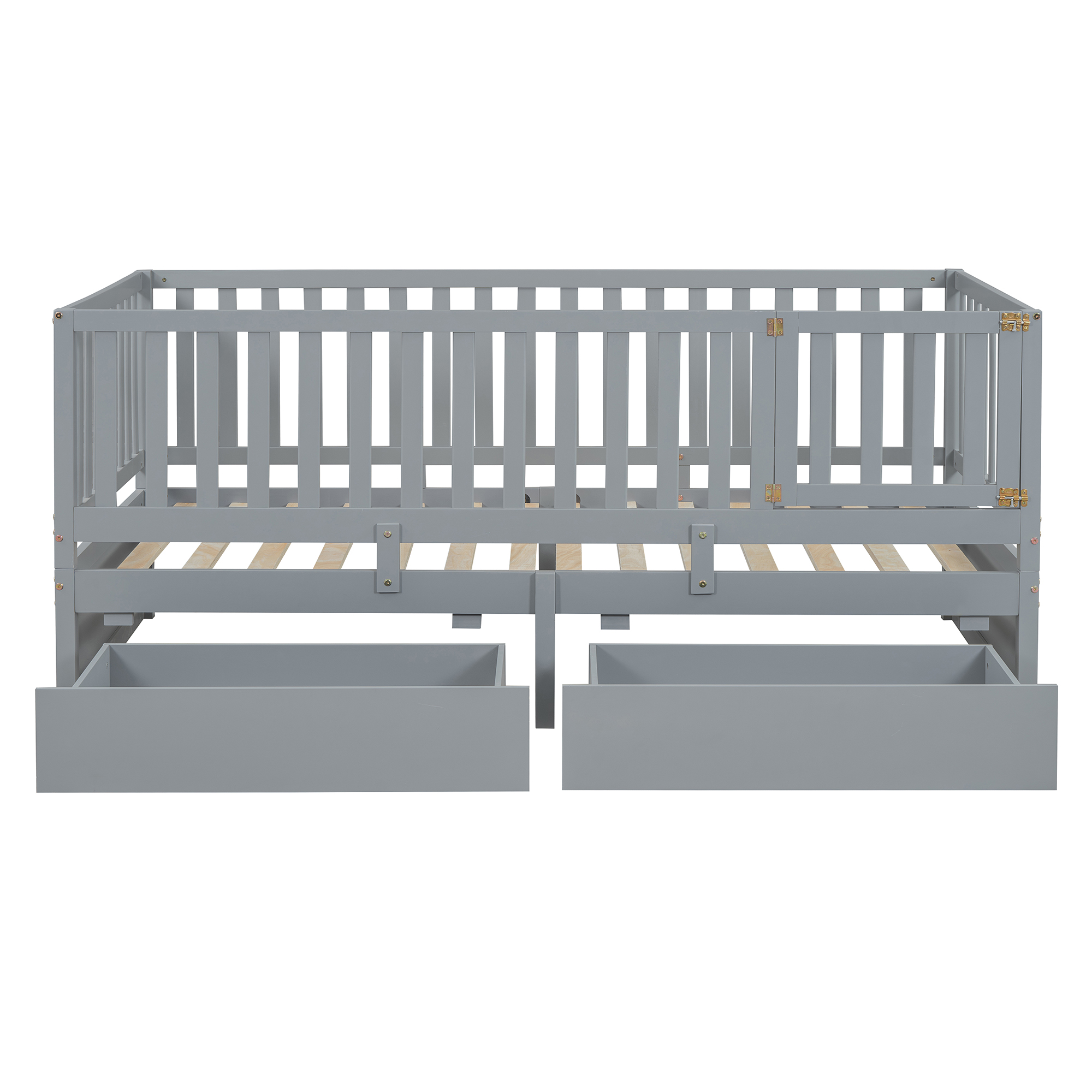 Twin Size Wood Daybed with Fence Guardrails and 2 Drawers, Split into Independent Floor Bed & Daybed, Gray(OLD SKU :LP000881AAE)