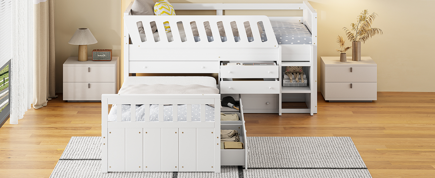 L-shaped  Space-Saving Twin Loft and  Twin  Platform Bed with 7 Drawers and Full Guardrails(WHITE)