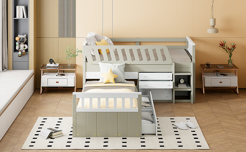 Space-Saving Twin Loft and  Twin  Platform Bed with 7 Drawers and Full Guardrails(WHITE+LIGHT BROWN)