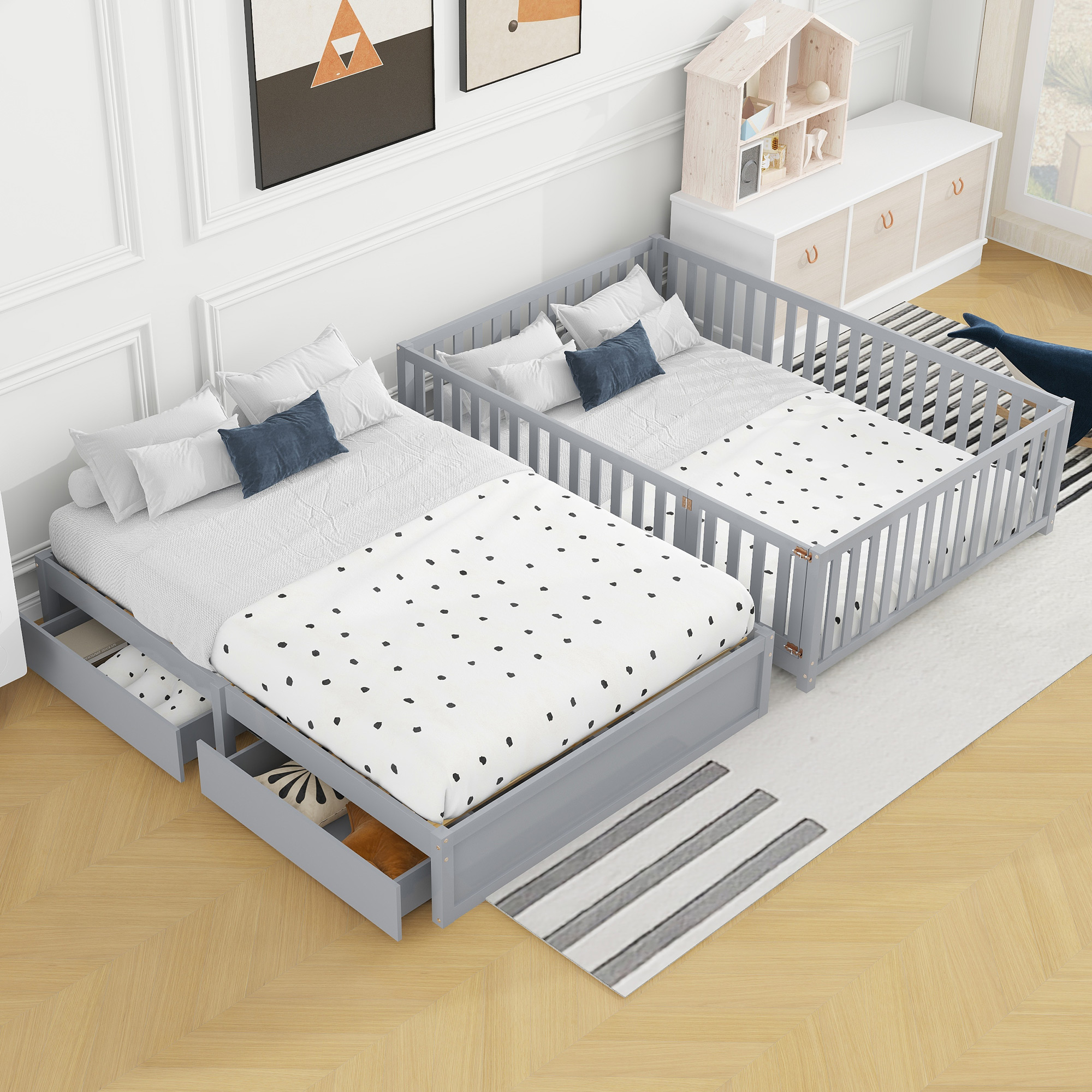 Full Size Wood Daybed with Fence Guardrails and 2 Drawers, Split into Independent Floor Bed & Daybed, Gray(OLD SKU :LP000882AAE)