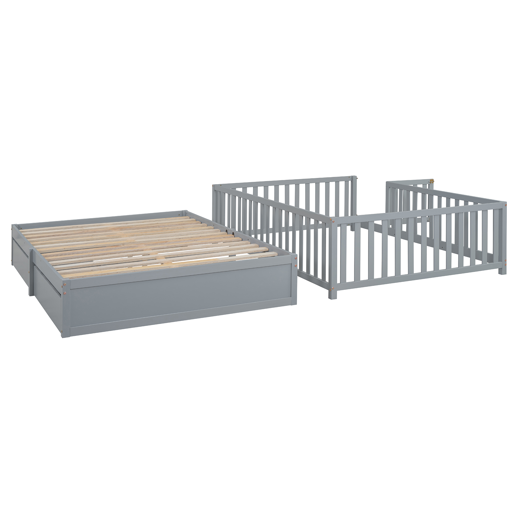 Full Size Wood Daybed with Fence Guardrails and 2 Drawers, Split into Independent Floor Bed & Daybed, Gray(OLD SKU :LP000882AAE)