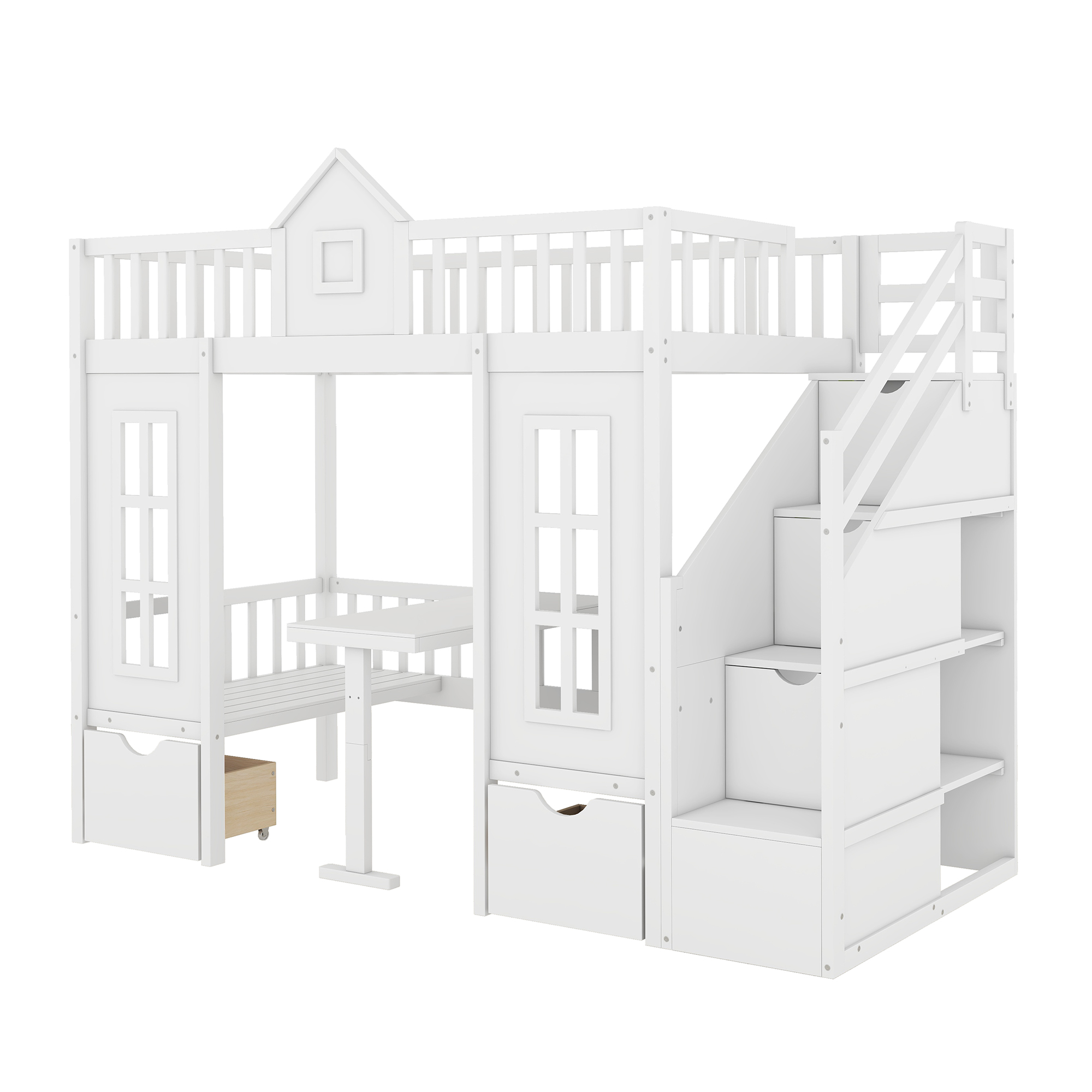 Twin-Over-Twin Bunk Bed with Changeable Table, Bunk Bed Turn into Upper Bed and Down Desk -White