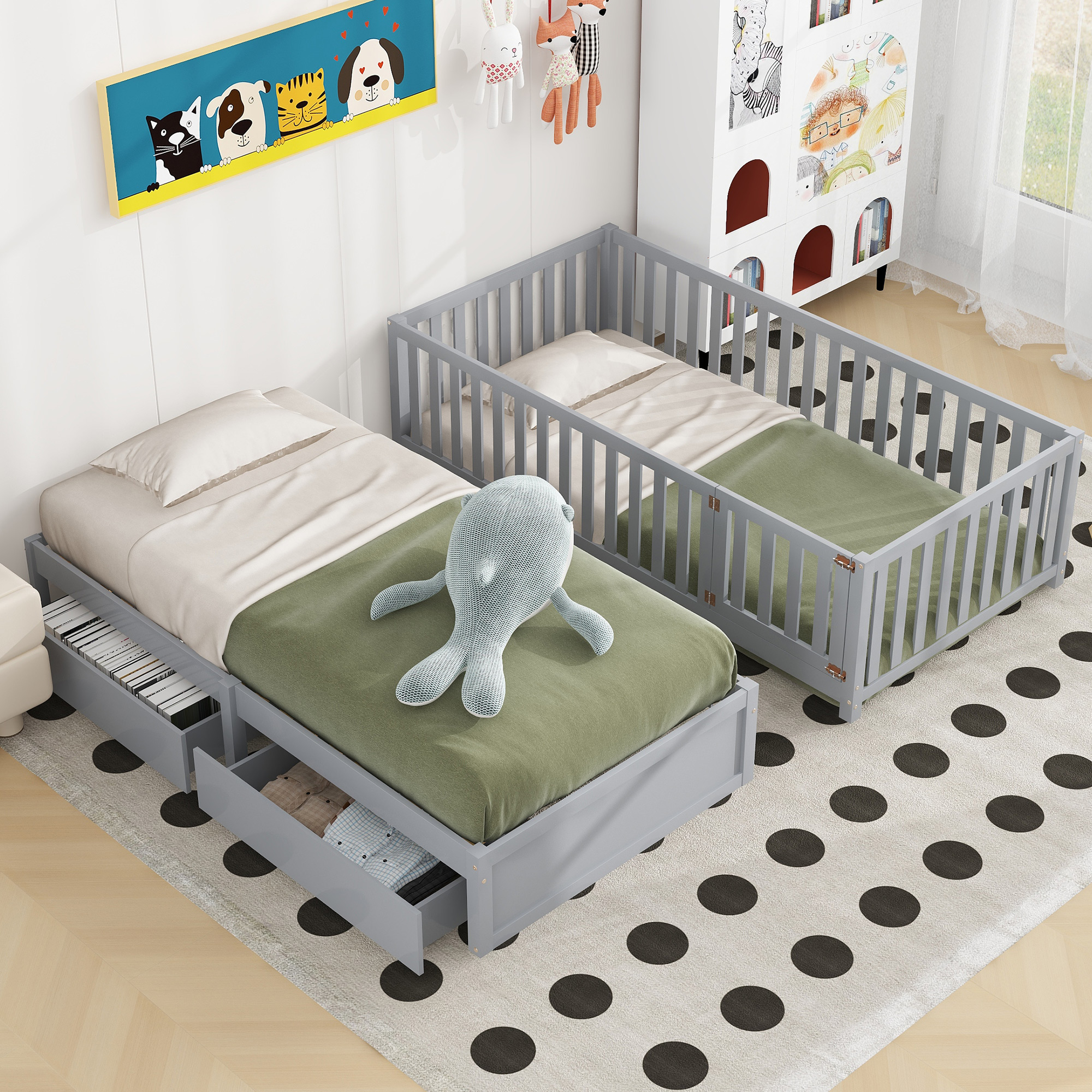 Twin Size Wood Daybed with Fence Guardrails and 2 Drawers, Split into Independent Floor Bed & Daybed, Gray(OLD SKU :LP000881AAE)