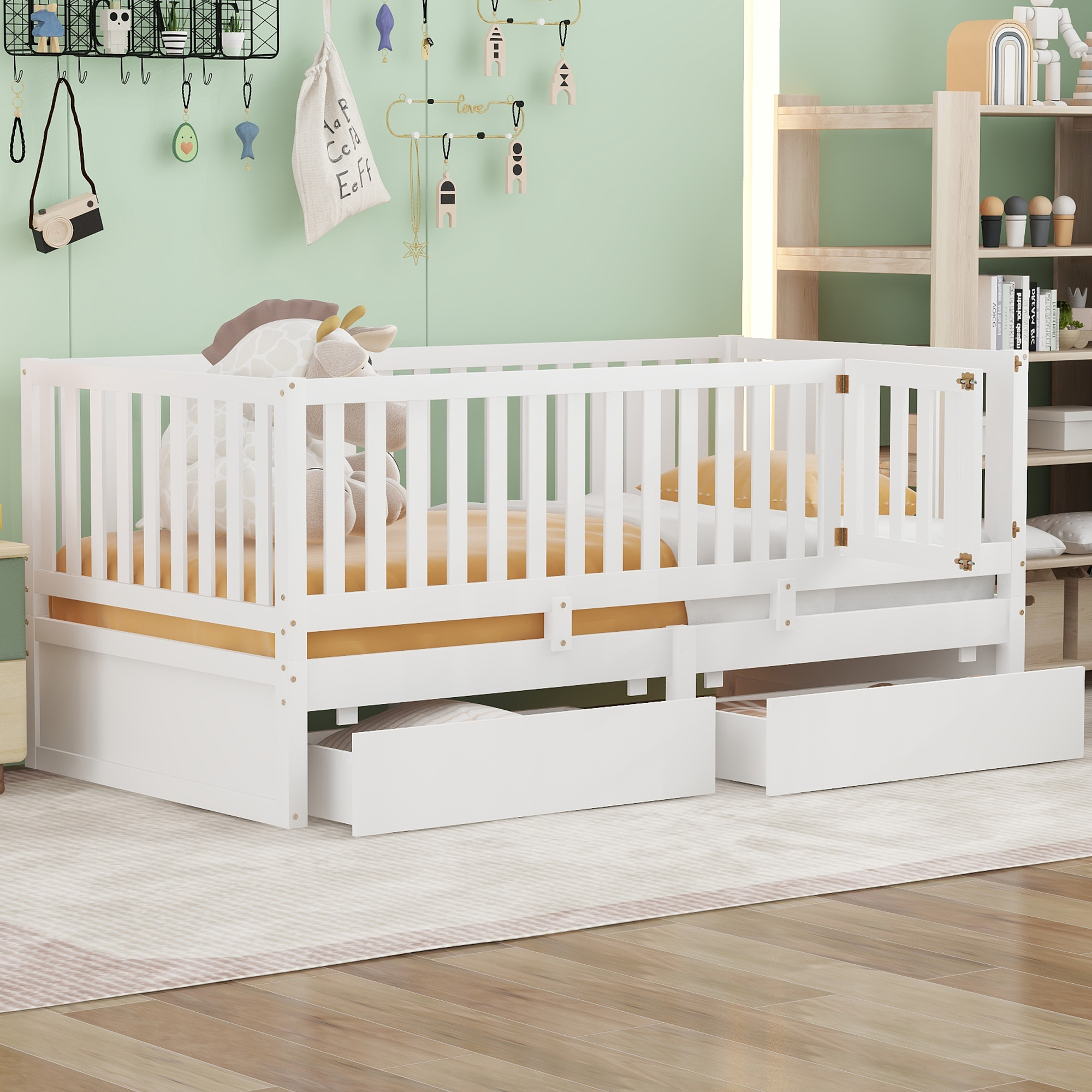 Twin Size Wood Daybed with Fence Guardrails and 2 Drawers, Split into Independent Floor Bed & Daybed, White(OLD SKU :LP000881AAK)