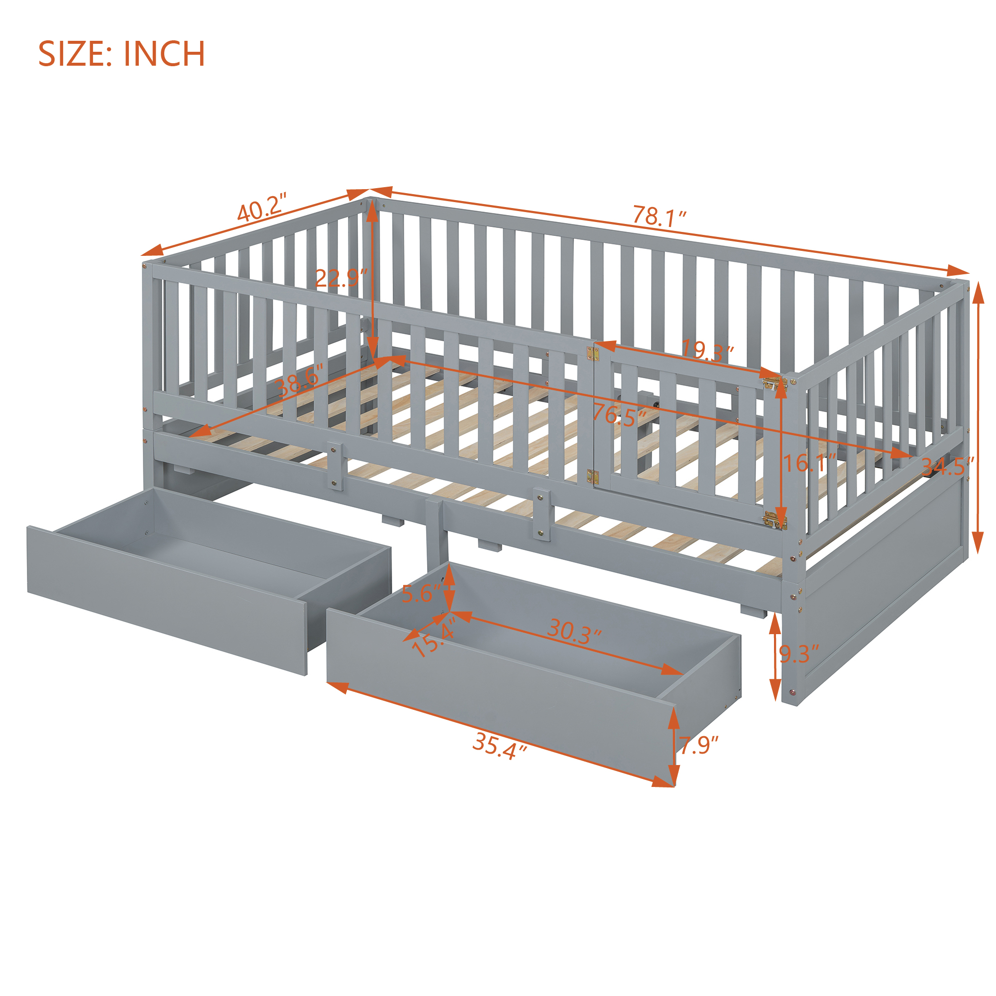 Twin Size Wood Daybed with Fence Guardrails and 2 Drawers, Split into Independent Floor Bed & Daybed, Gray(OLD SKU :LP000881AAE)