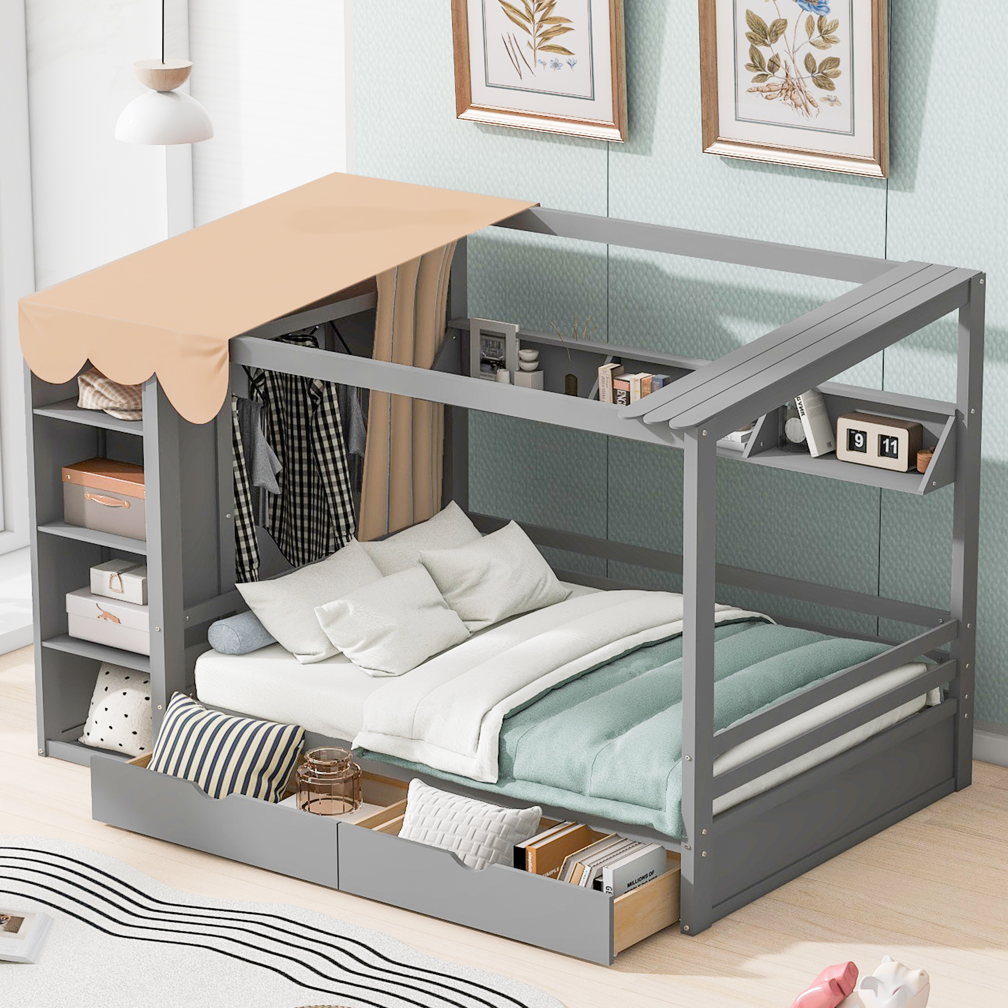 Full size House Bed with Two Drawers and Wardrobe,Gray