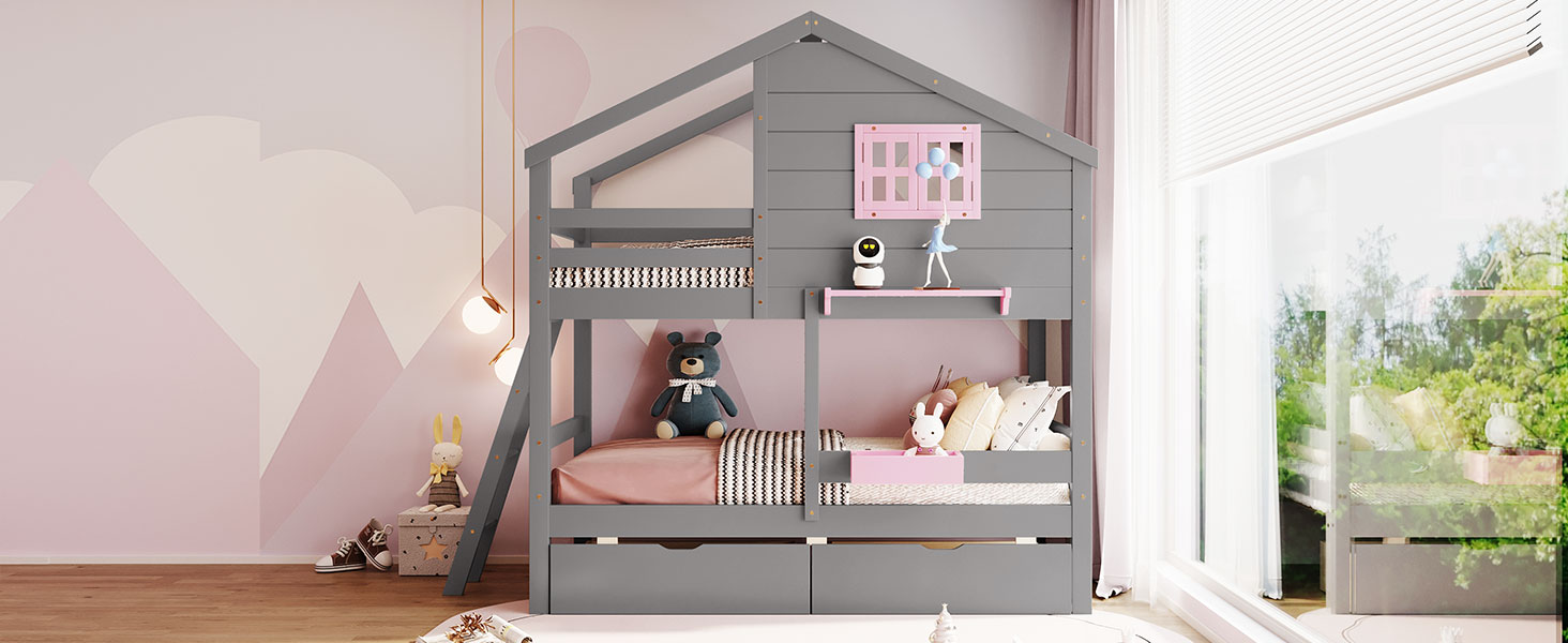 Twin over Twin Bunk Bed with 2 Drawers, 1 Storage Box, 1 Shelf, Window and Roof-Gray(OLD SKU:LT001608AAE)