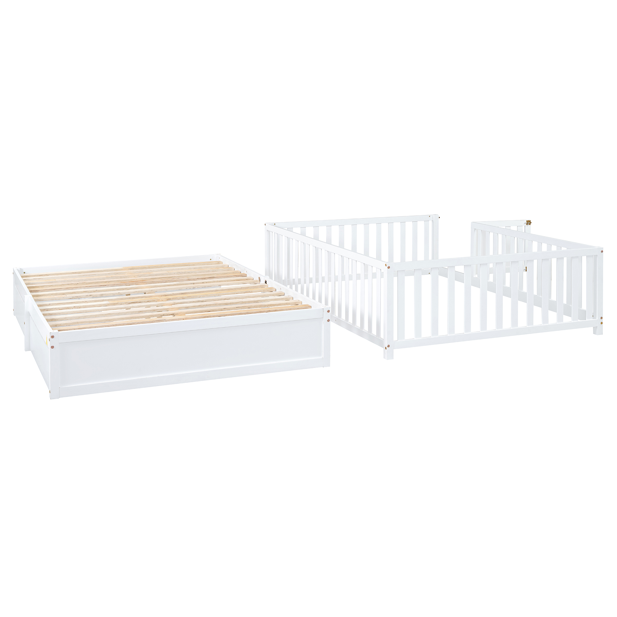 Full Size Wood Daybed with Fence Guardrails and 2 Drawers, Split into Independent Floor Bed & Daybed, White(OLD SKU :LP000882AAK)