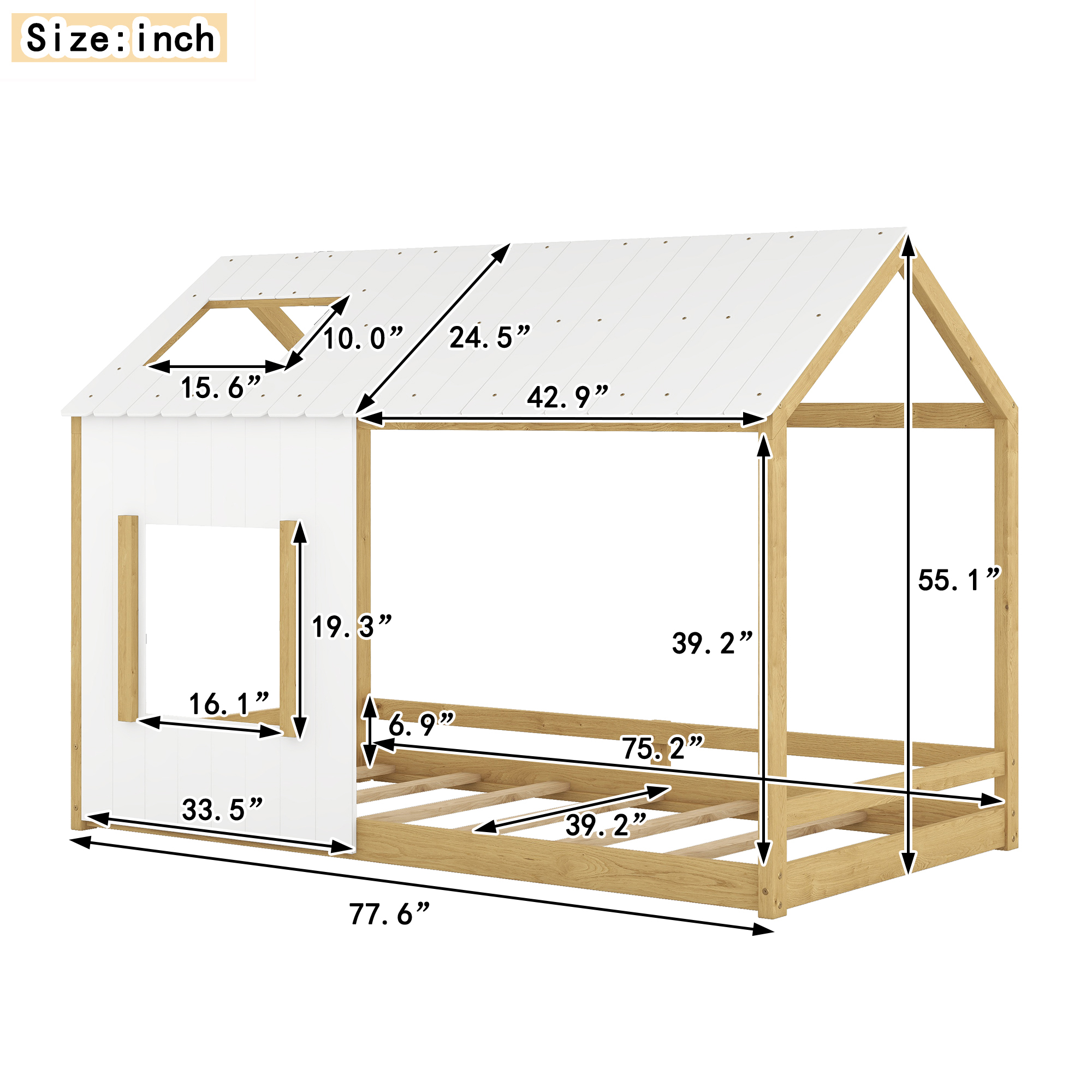 Twin Size House Bed with Roof and Window - White+Natural