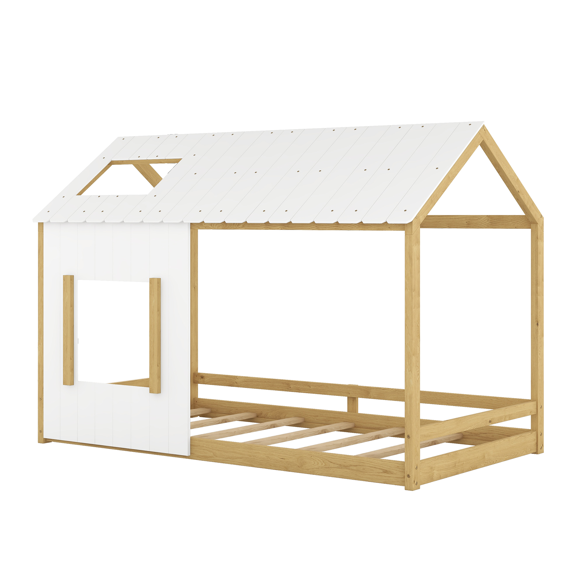 Twin Size House Bed with Roof and Window - White+Natural