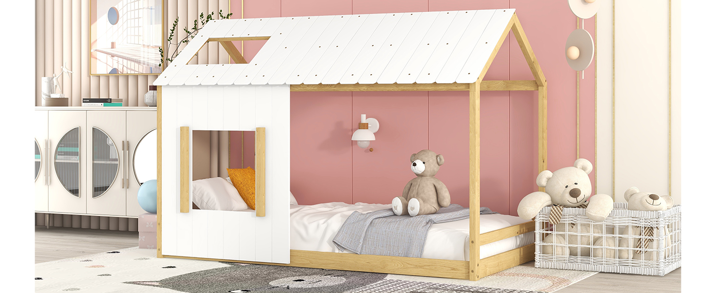 Twin Size House Bed with Roof and Window - White+Natural